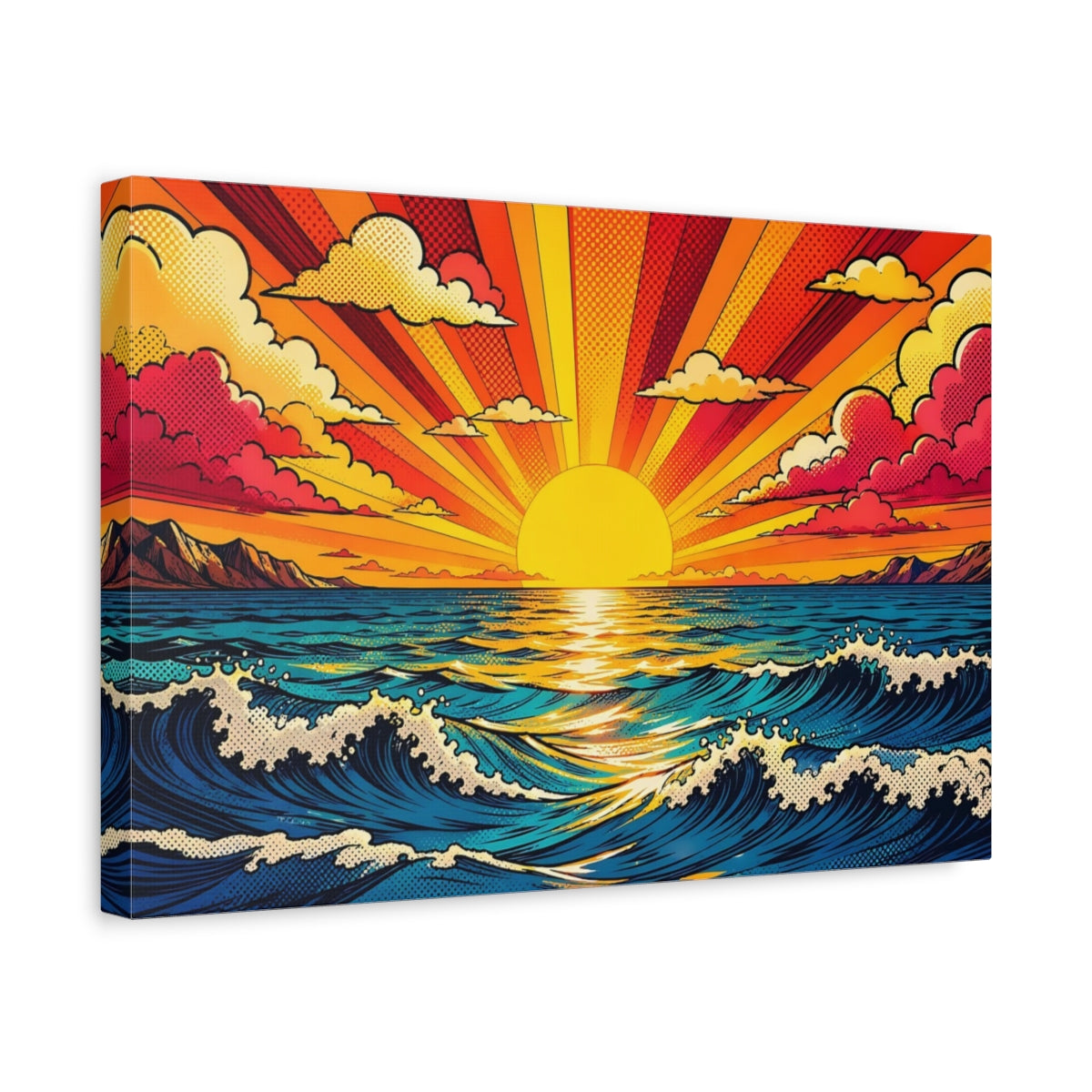 Side Mockup 4. Nature Ocean Sunset Pop Art Ocean Sunset shown as stretched canvas wall art