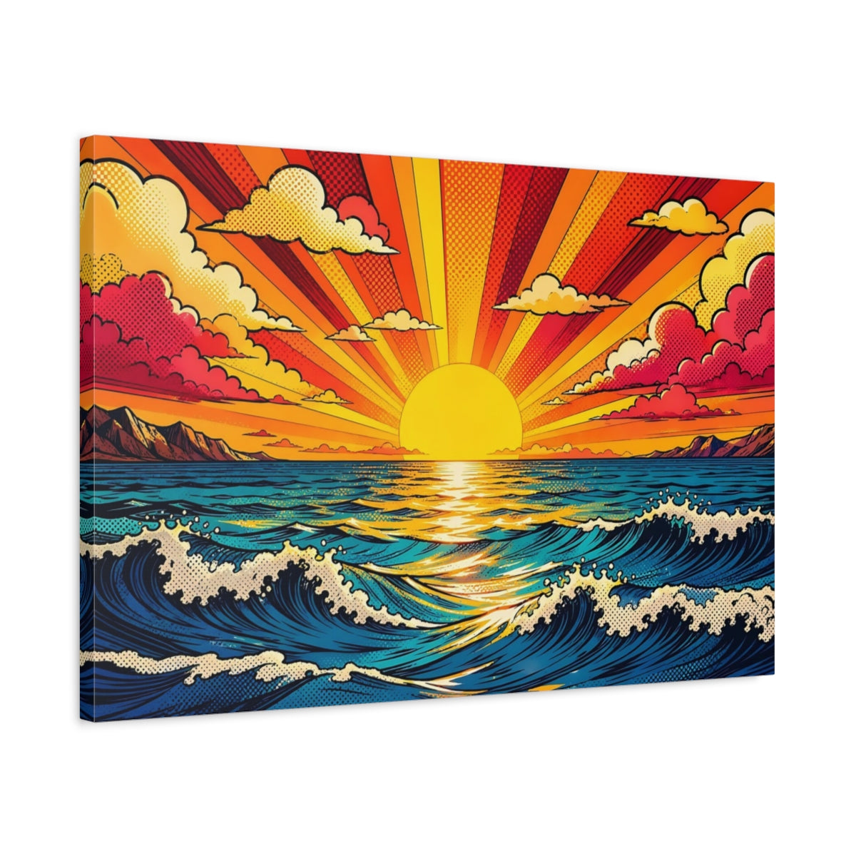 Side Mockup 2. Nature Ocean Sunset Pop Art Ocean Sunset shown as stretched canvas wall art