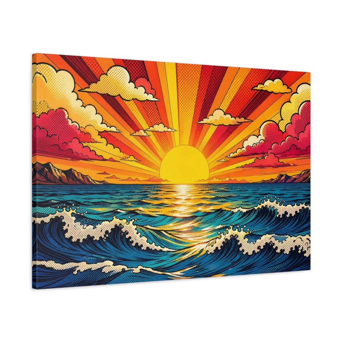 Main Mockup. Nature Ocean Sunset Pop Art Ocean Sunset shown as stretched canvas wall art