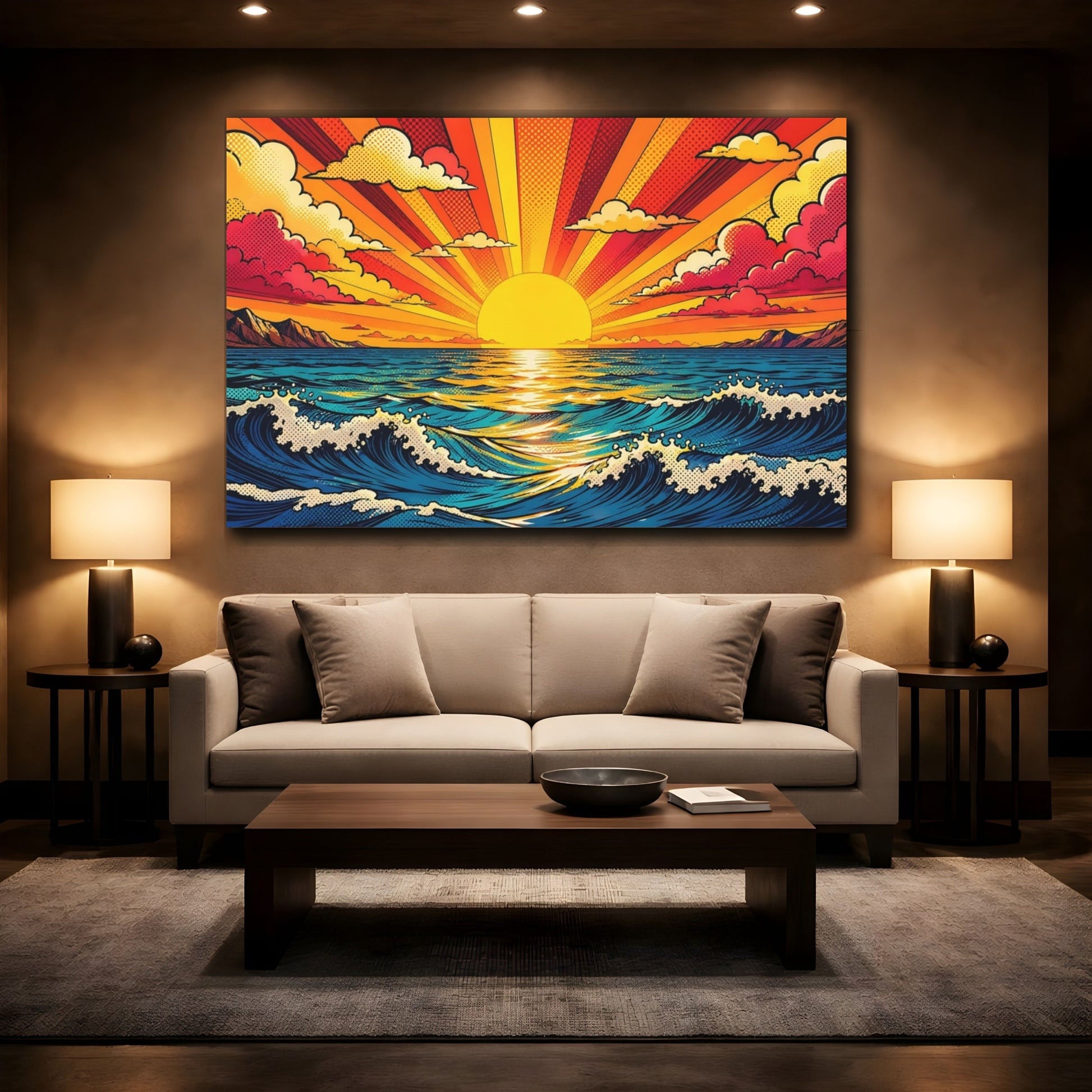 Mockup 2. Nature Ocean Sunset Pop Art Ocean Sunset shown as stretched canvas wall art