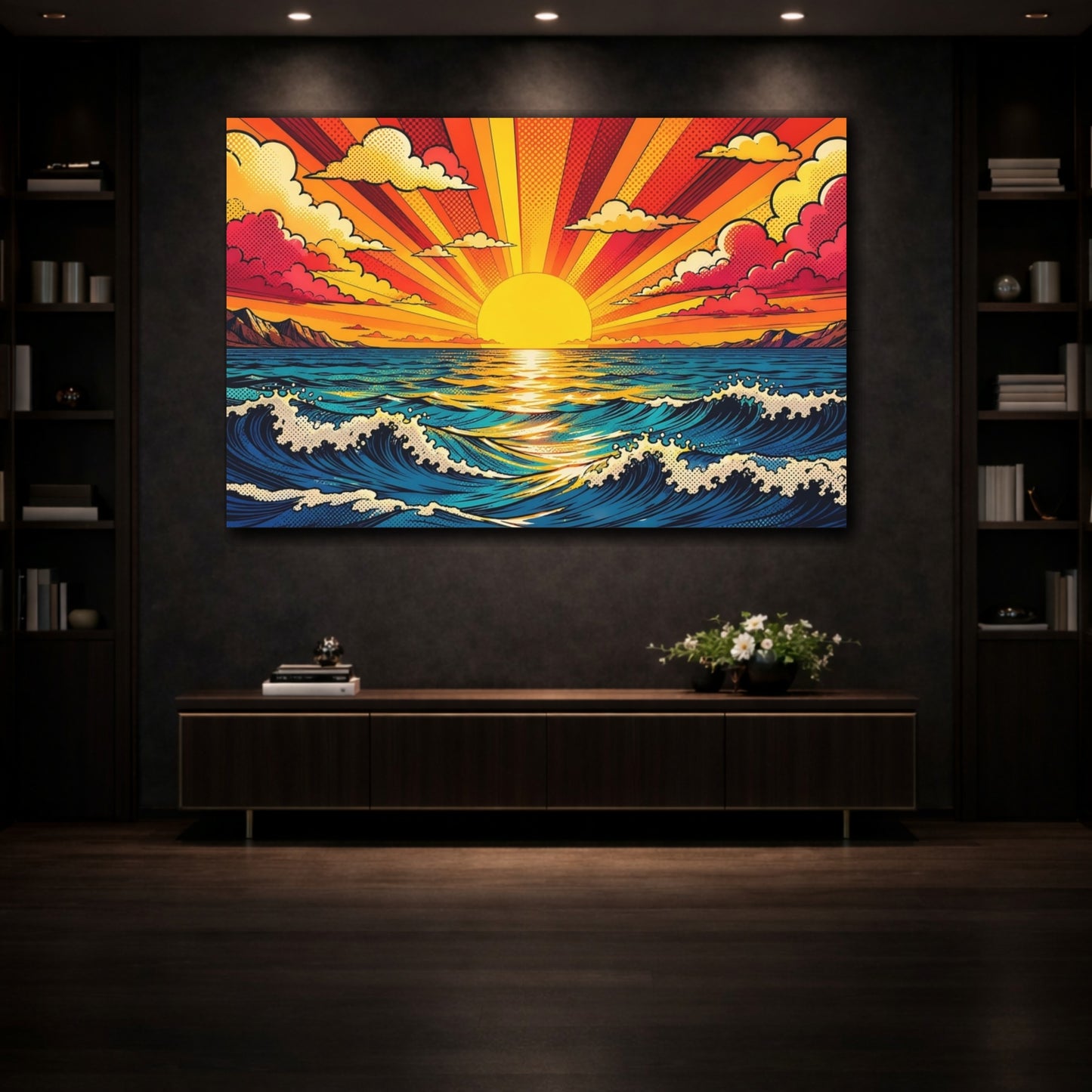Mockup 3. Nature Ocean Sunset Pop Art Ocean Sunset shown as stretched canvas wall art
