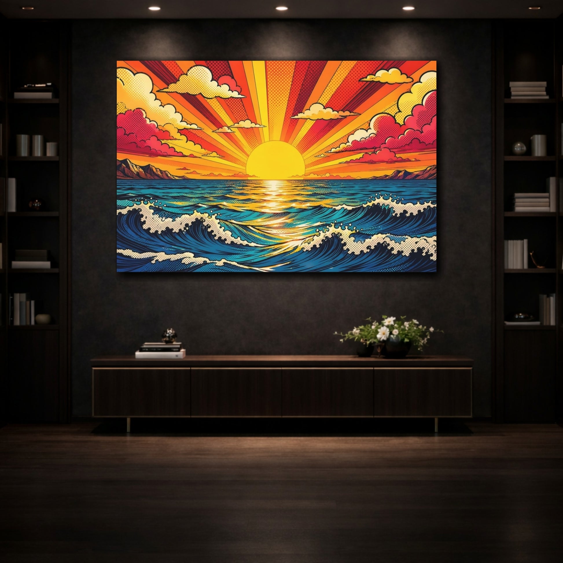 Mockup 3. Nature Ocean Sunset Pop Art Ocean Sunset shown as stretched canvas wall art