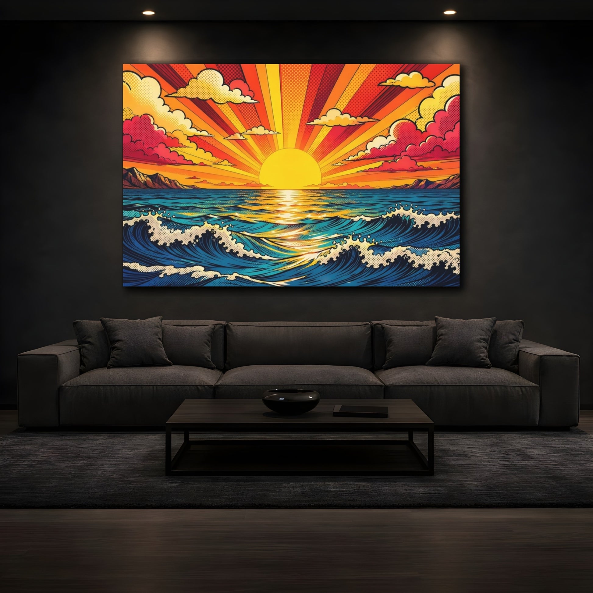 Mockup 4. Nature Ocean Sunset Pop Art Ocean Sunset shown as stretched canvas wall art