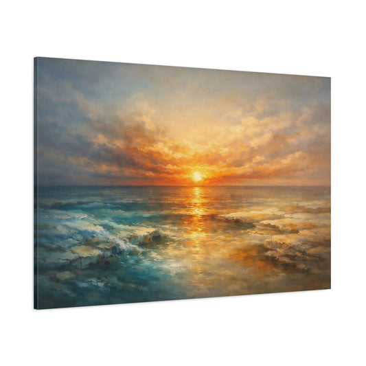Main Mockup. Nature Ocean Sunset Sunset Ocean Gold shown as stretched canvas wall art