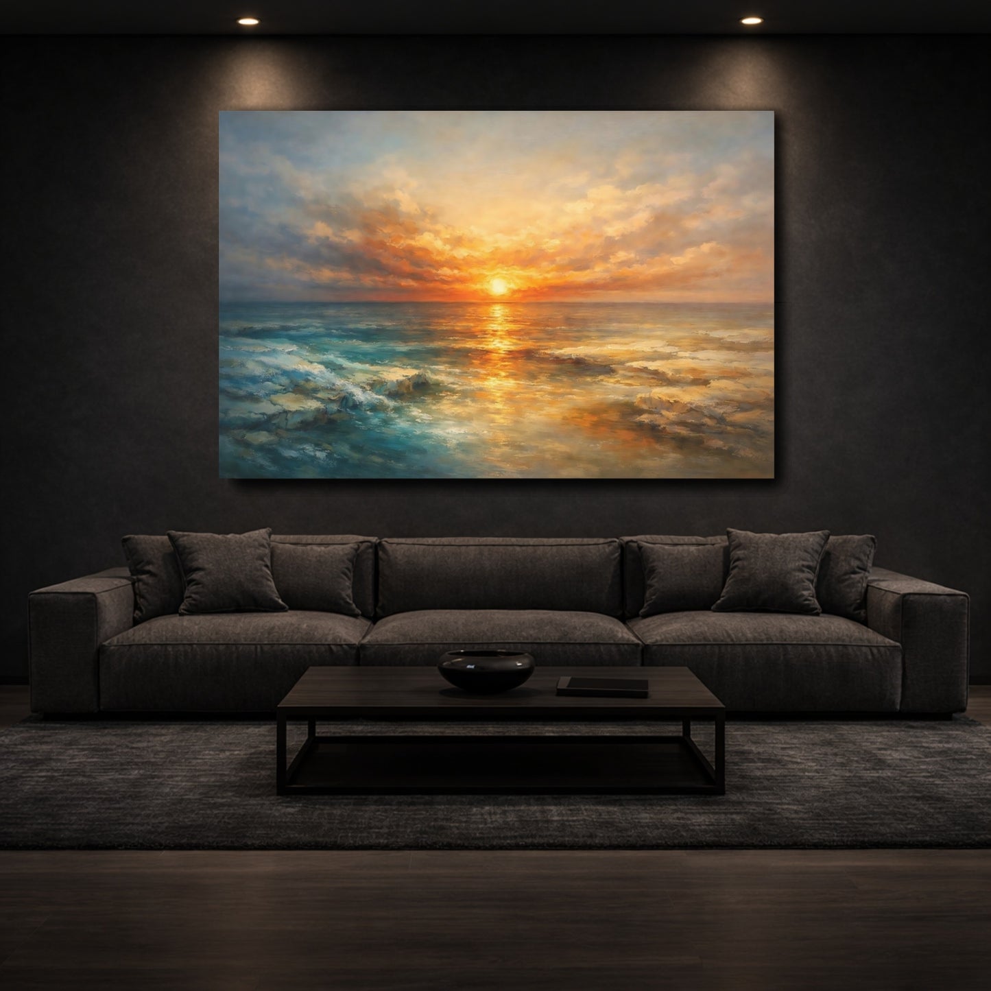 Mockup 2. Nature Ocean Sunset Sunset Ocean Gold shown as stretched canvas wall art