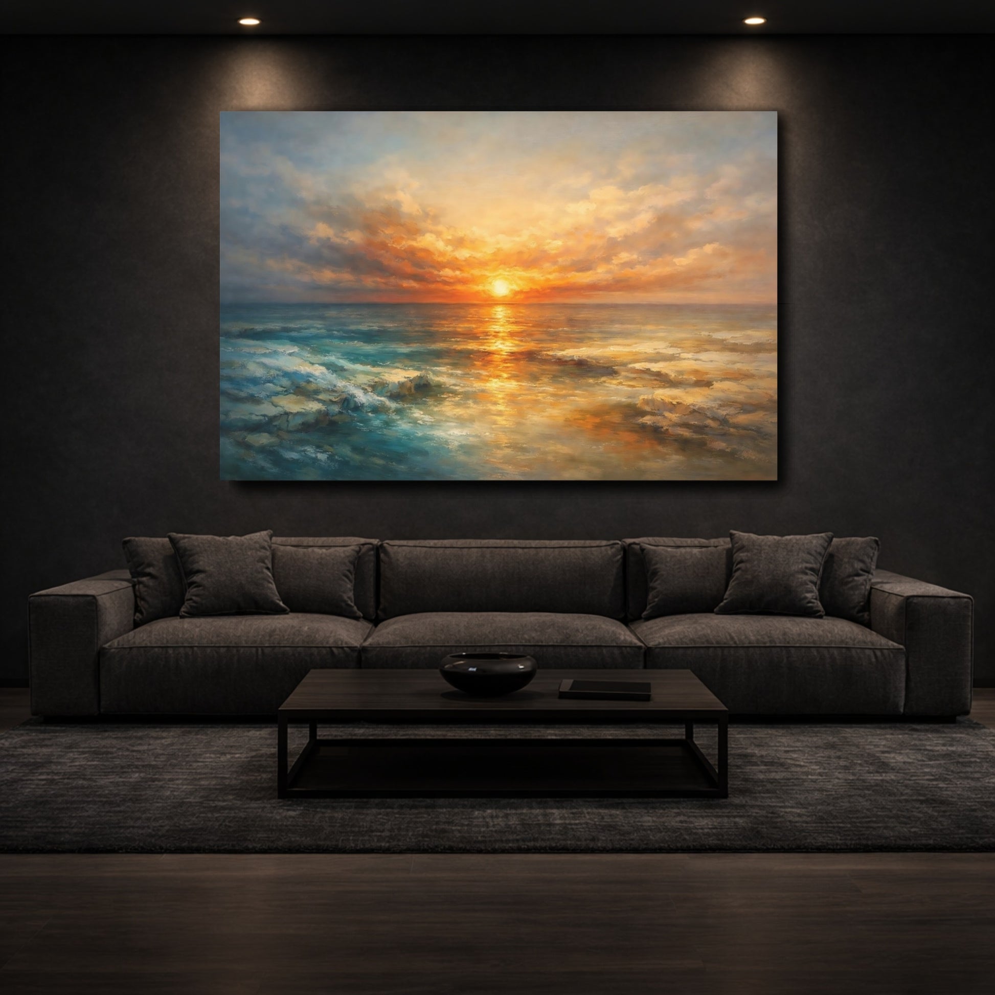 Mockup 2. Nature Ocean Sunset Sunset Ocean Gold shown as stretched canvas wall art