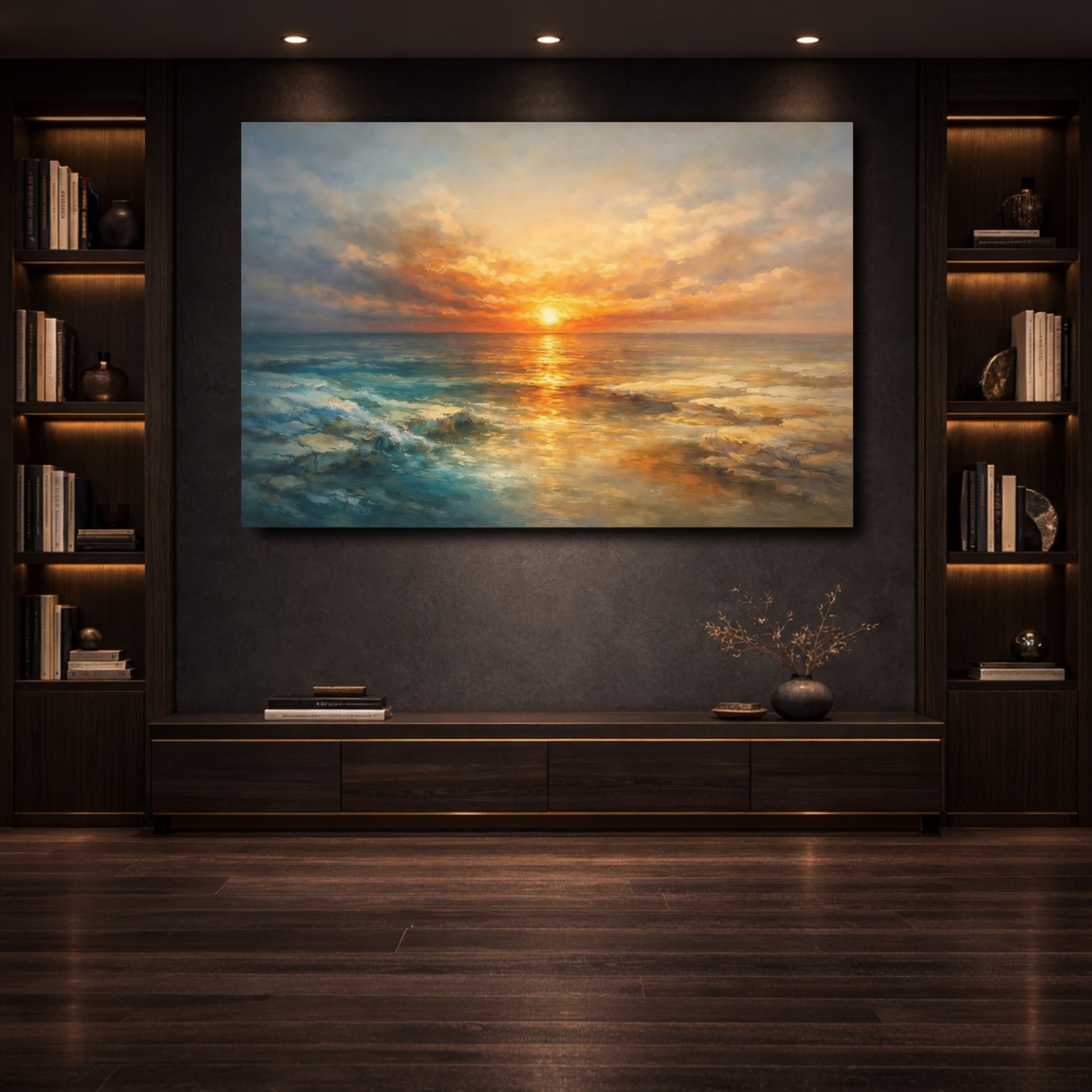 Mockup 3. Nature Ocean Sunset Sunset Ocean Gold shown as stretched canvas wall art