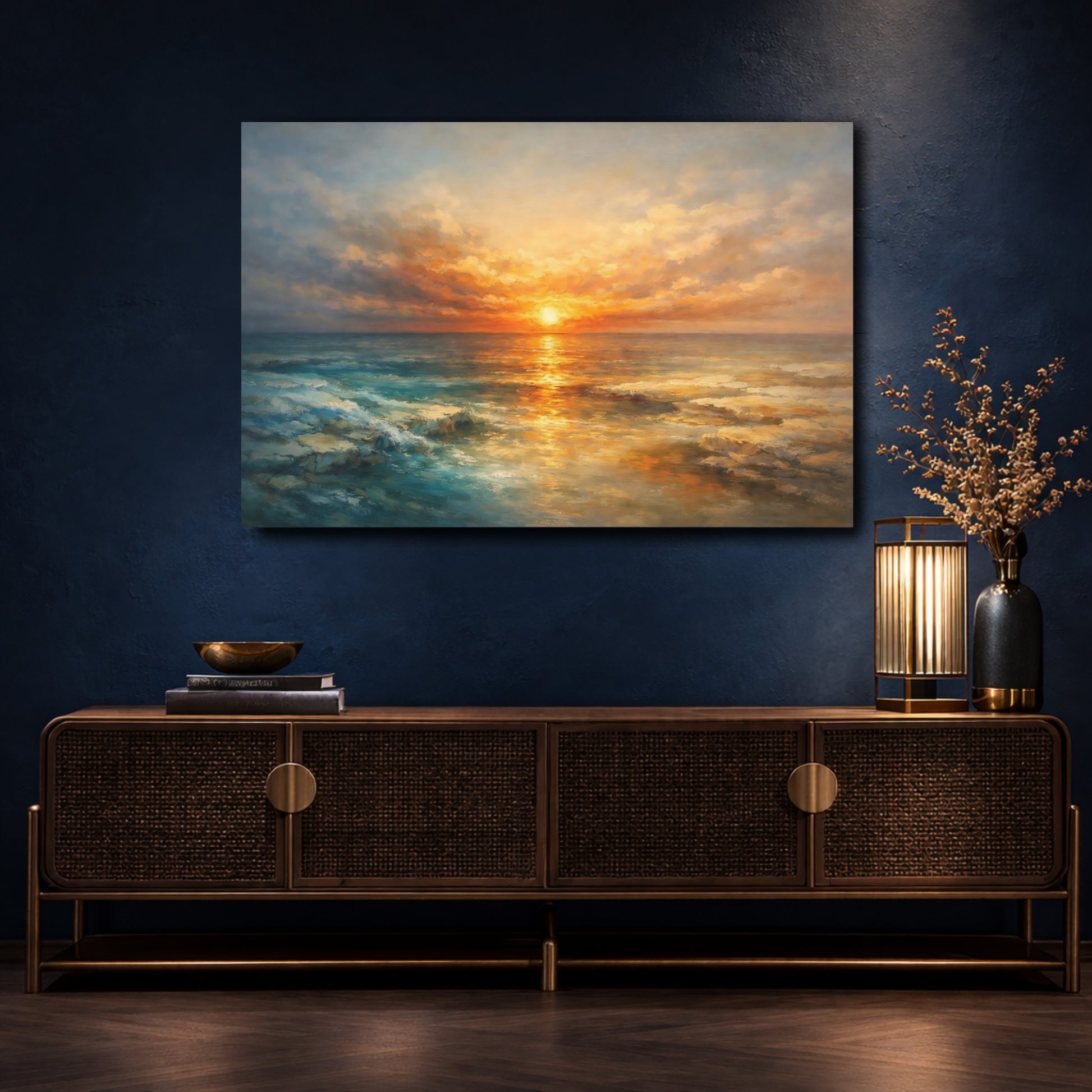 Mockup 4. Nature Ocean Sunset Sunset Ocean Gold shown as stretched canvas wall art
