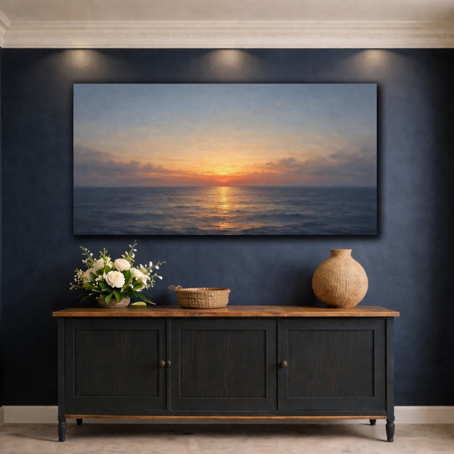 Mockup 4. Nature Ocean Sunset Sunset Ocean shown as stretched canvas wall art