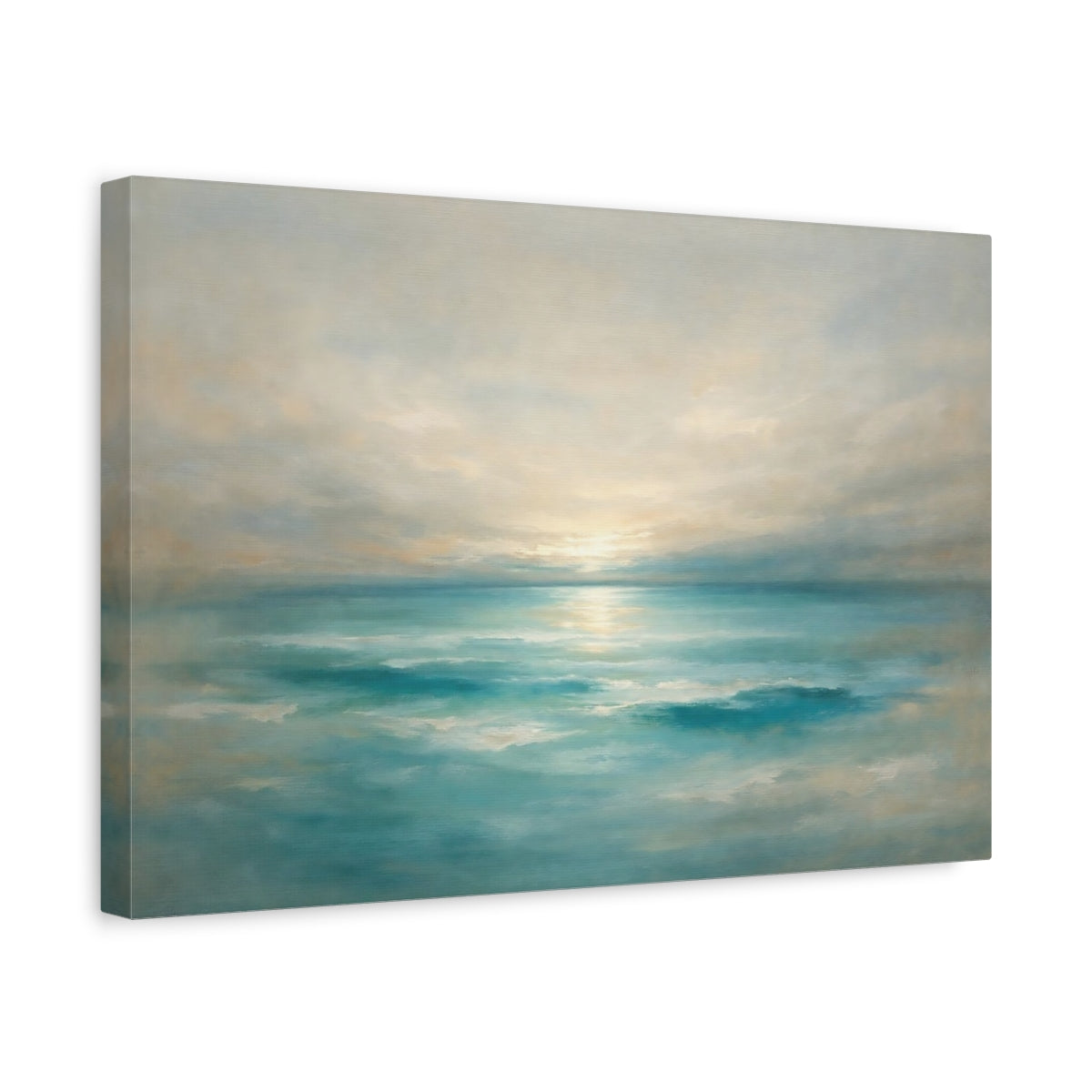 Side Mockup 4. Nature Ocean Sunset Teal Ocean Sunset shown as stretched canvas wall art