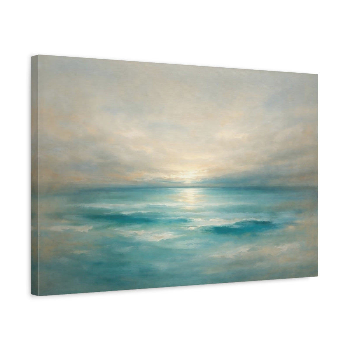 Side Mockup 3. Nature Ocean Sunset Teal Ocean Sunset shown as stretched canvas wall art