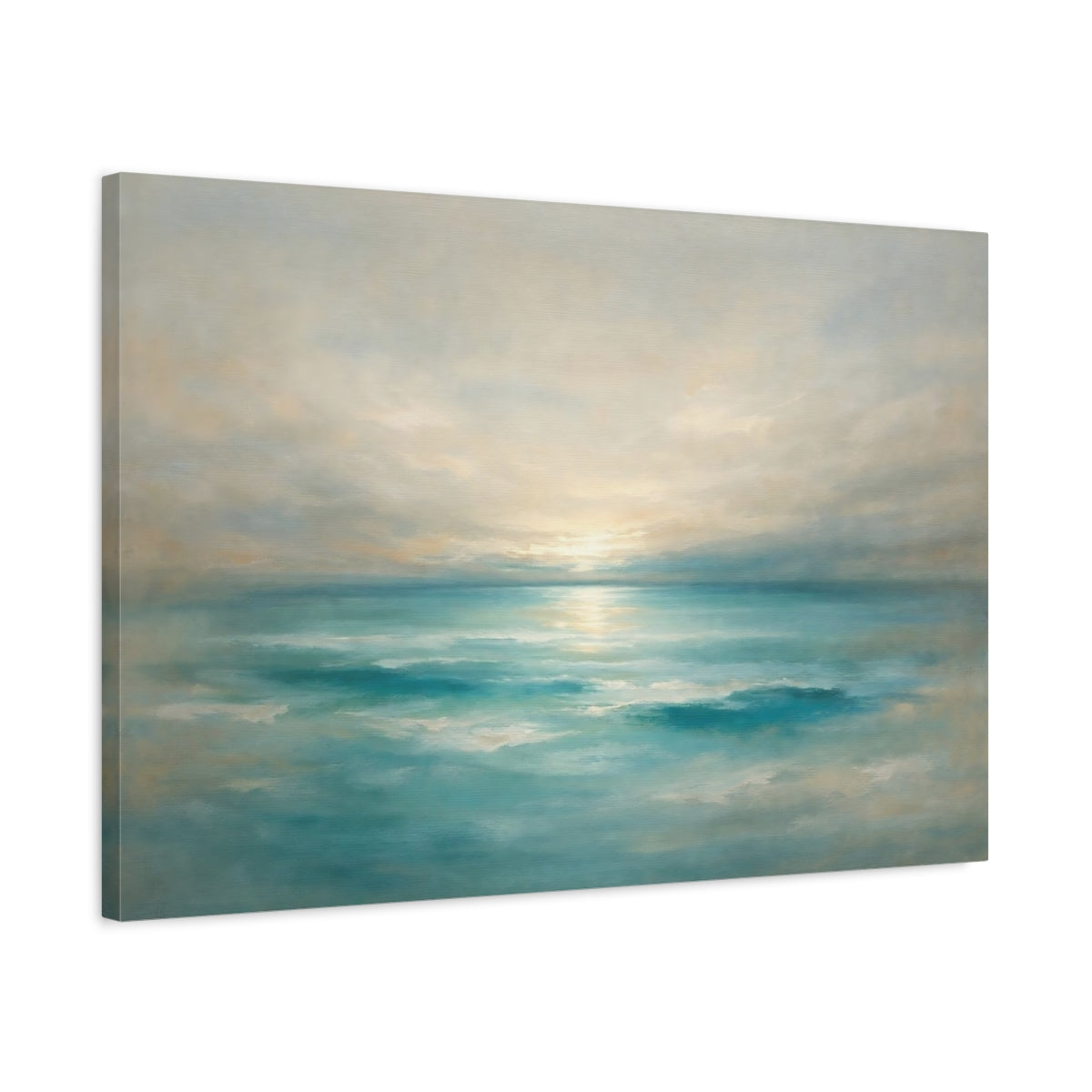 Side Mockup 2. Nature Ocean Sunset Teal Ocean Sunset shown as stretched canvas wall art