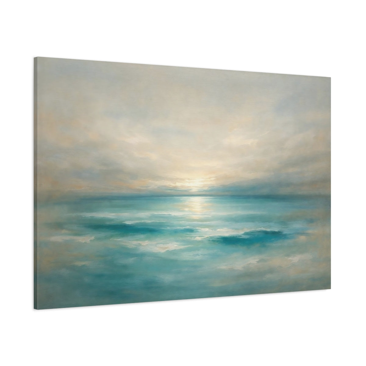 Main Mockup. Nature Ocean Sunset Teal Ocean Sunset shown as stretched canvas wall art