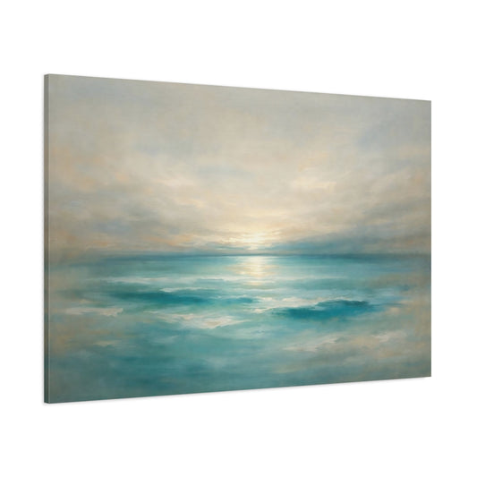 Main Mockup. Nature Ocean Sunset Teal Ocean Sunset shown as stretched canvas wall art