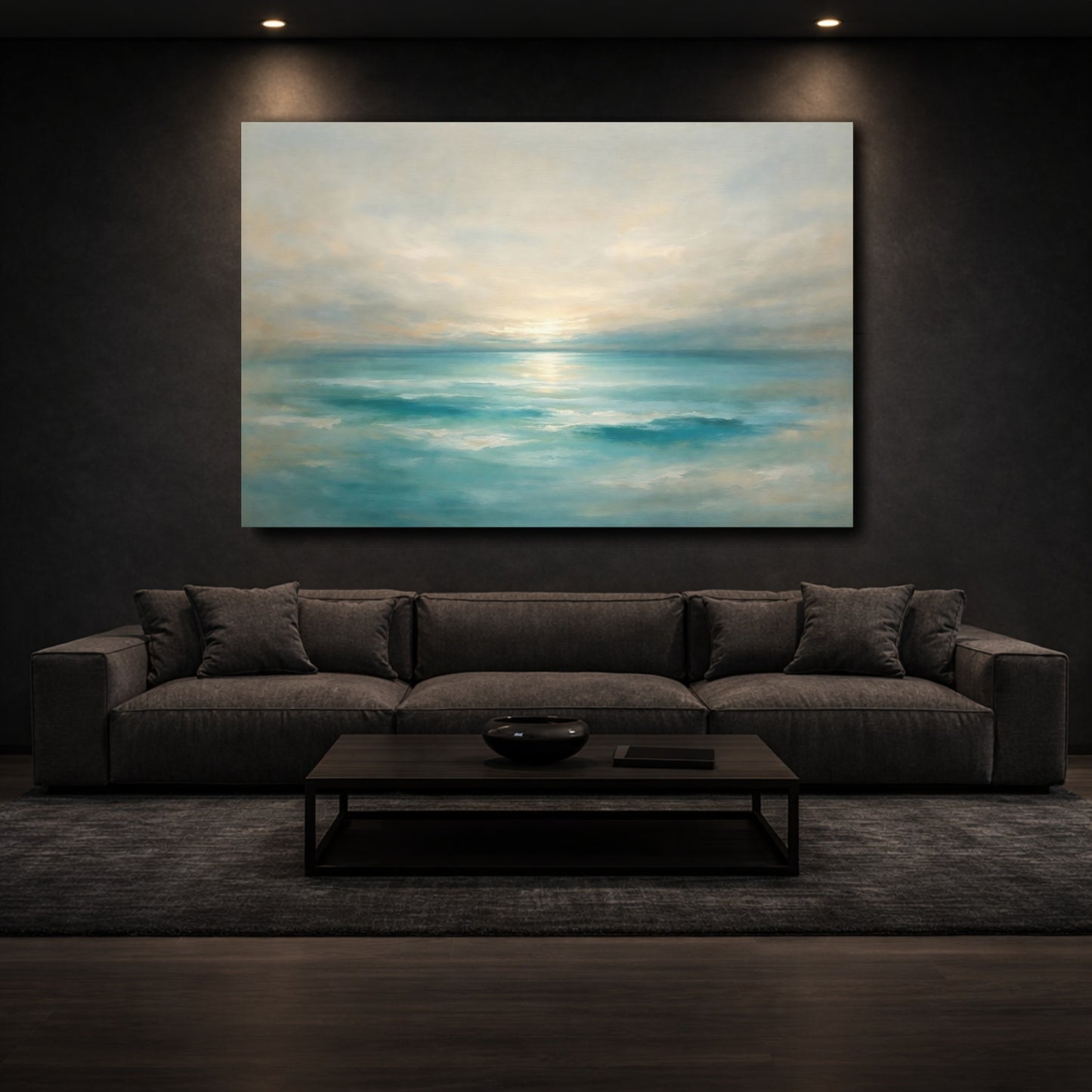 Mockup 2. Nature Ocean Sunset Teal Ocean Sunset shown as stretched canvas wall art