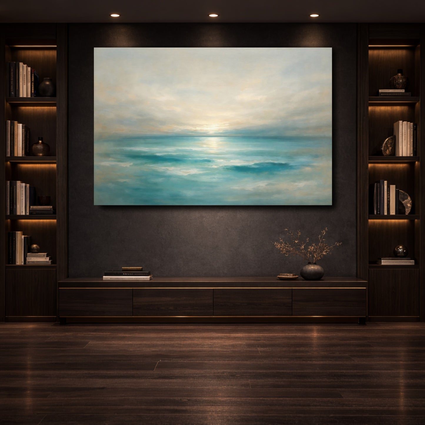 Mockup 3. Nature Ocean Sunset Teal Ocean Sunset shown as stretched canvas wall art