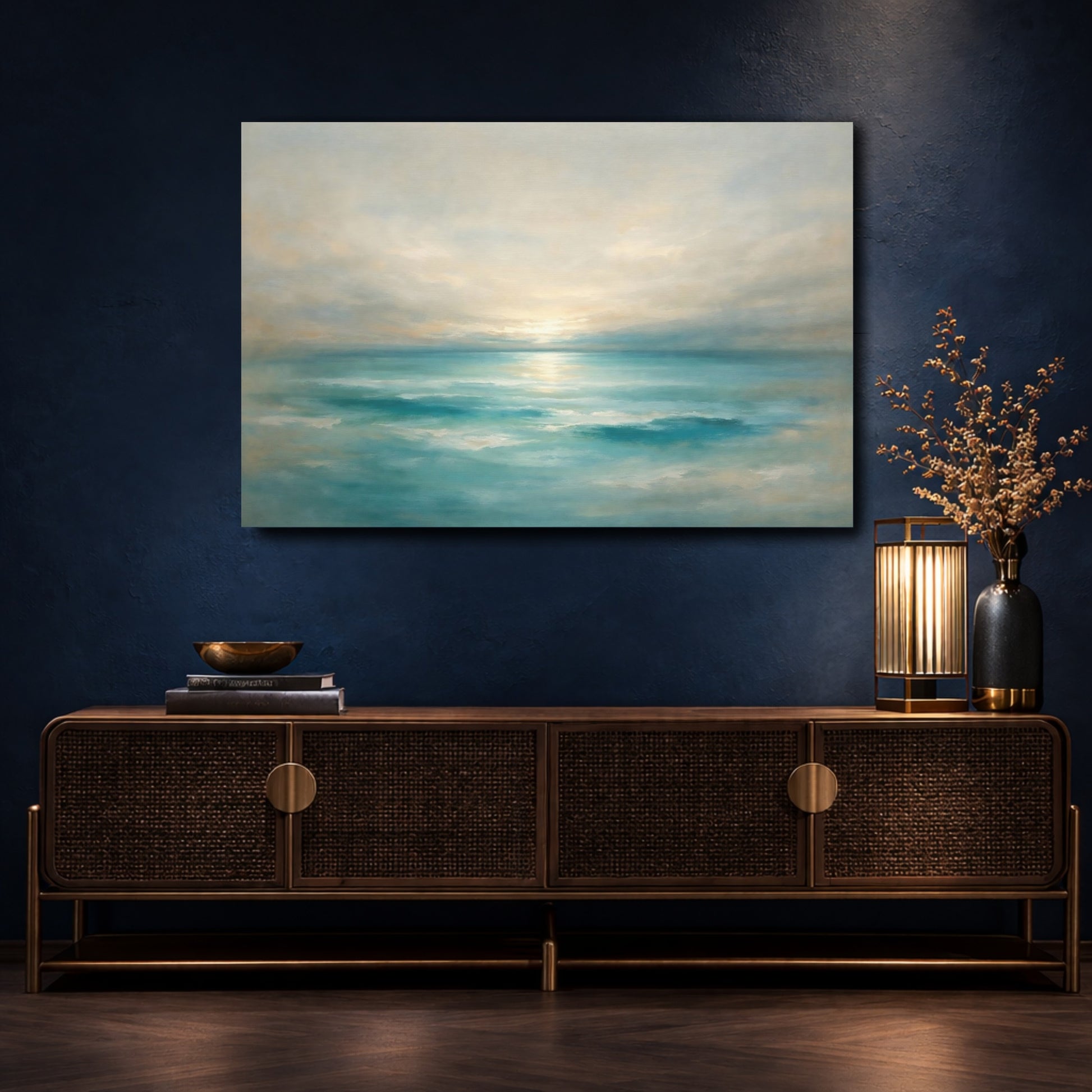 Mockup 4. Nature Ocean Sunset Teal Ocean Sunset shown as stretched canvas wall art