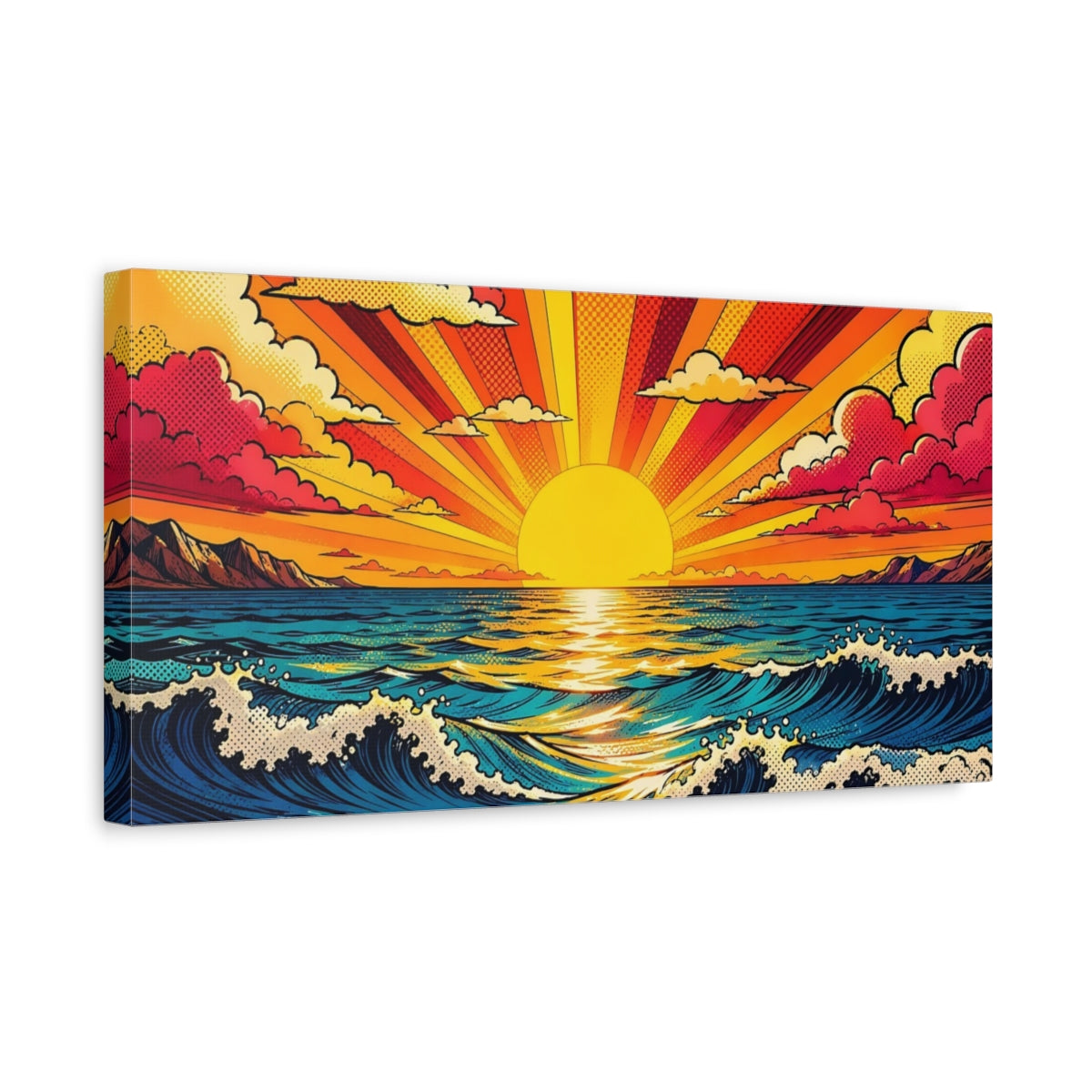 Side Mockup 3. Nature Ocean Sunset Vibrant Ocean Sunset shown as stretched canvas wall art