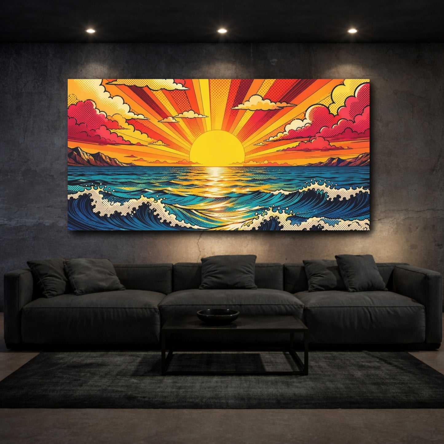 Mockup 2. Nature Ocean Sunset Vibrant Ocean Sunset shown as stretched canvas wall art