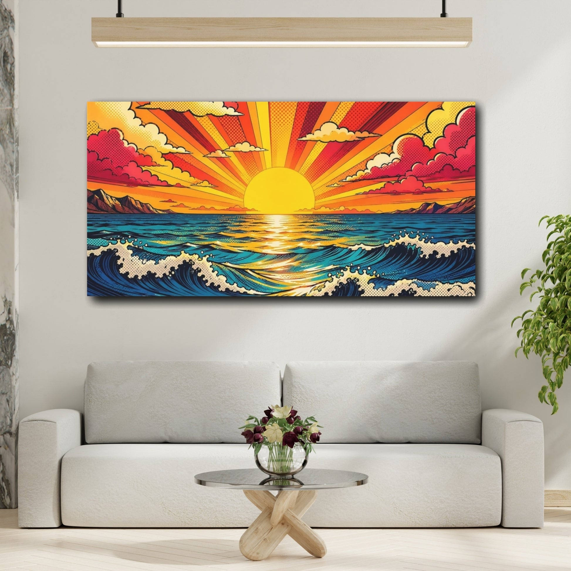Mockup 3. Nature Ocean Sunset Vibrant Ocean Sunset shown as stretched canvas wall art