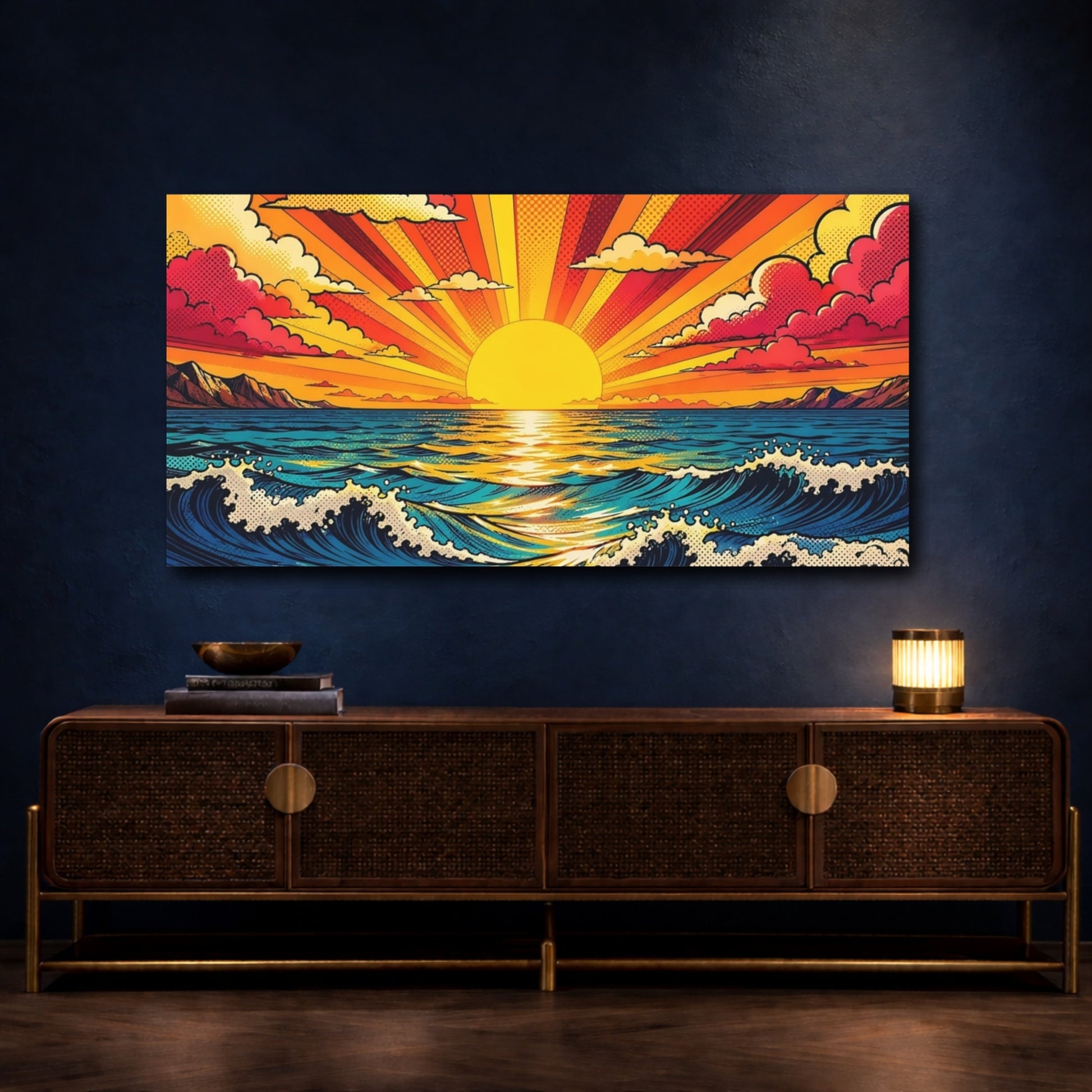 Mockup 4. Nature Ocean Sunset Vibrant Ocean Sunset shown as stretched canvas wall art