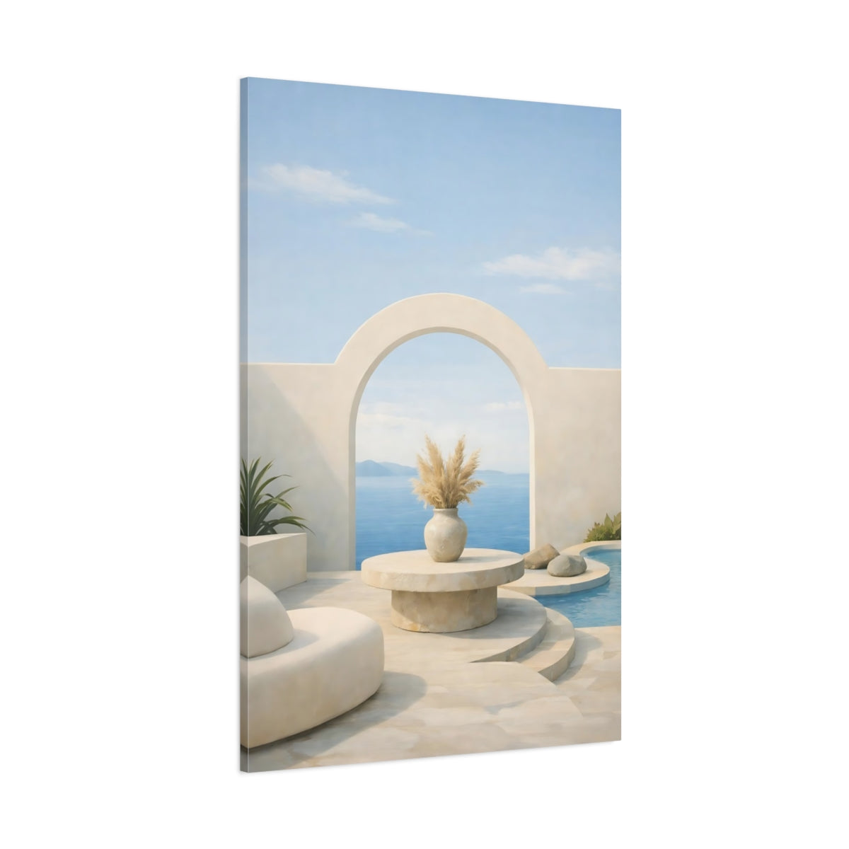 Main Mockup. Nature Ocean View Beige Blue Scene shown as stretched canvas wall art