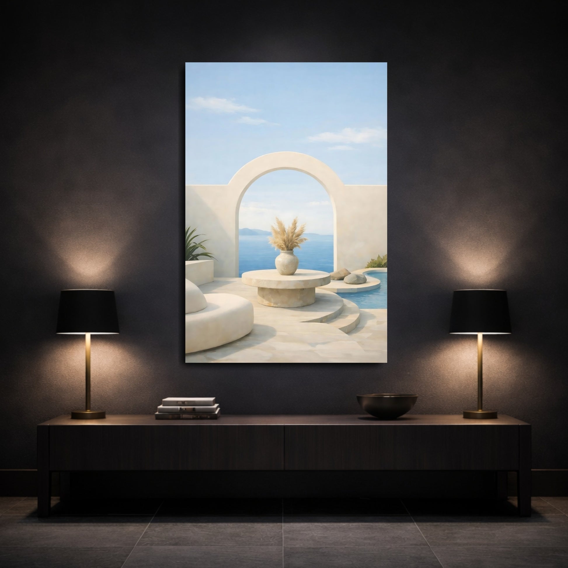 Mockup 2. Nature Ocean View Beige Blue Scene shown as stretched canvas wall art