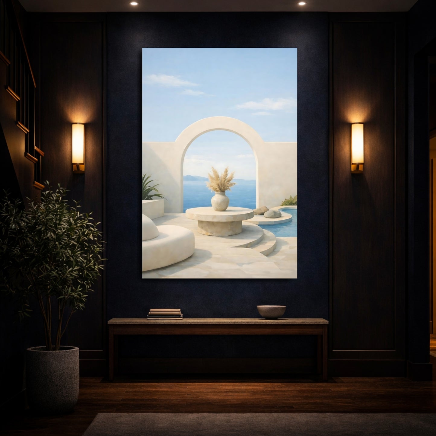 Mockup 3. Nature Ocean View Beige Blue Scene shown as stretched canvas wall art