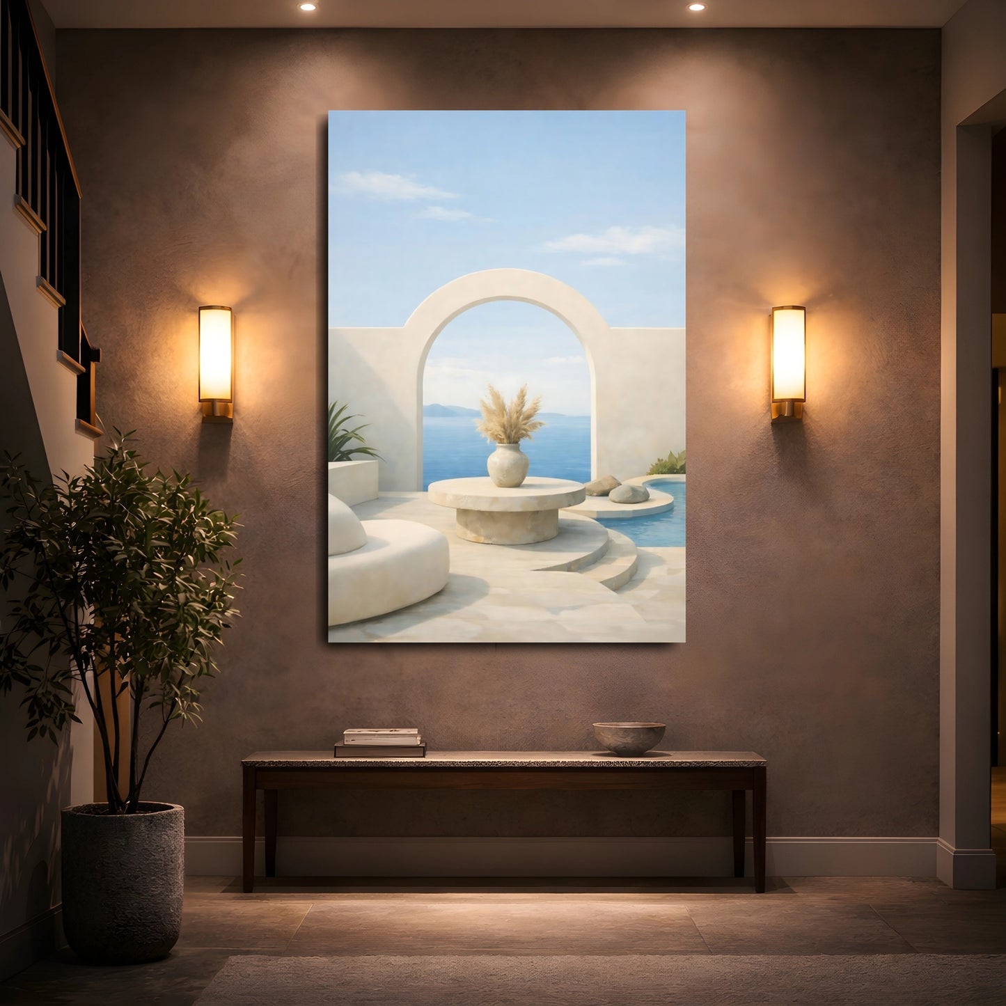 Mockup 4. Nature Ocean View Beige Blue Scene shown as stretched canvas wall art