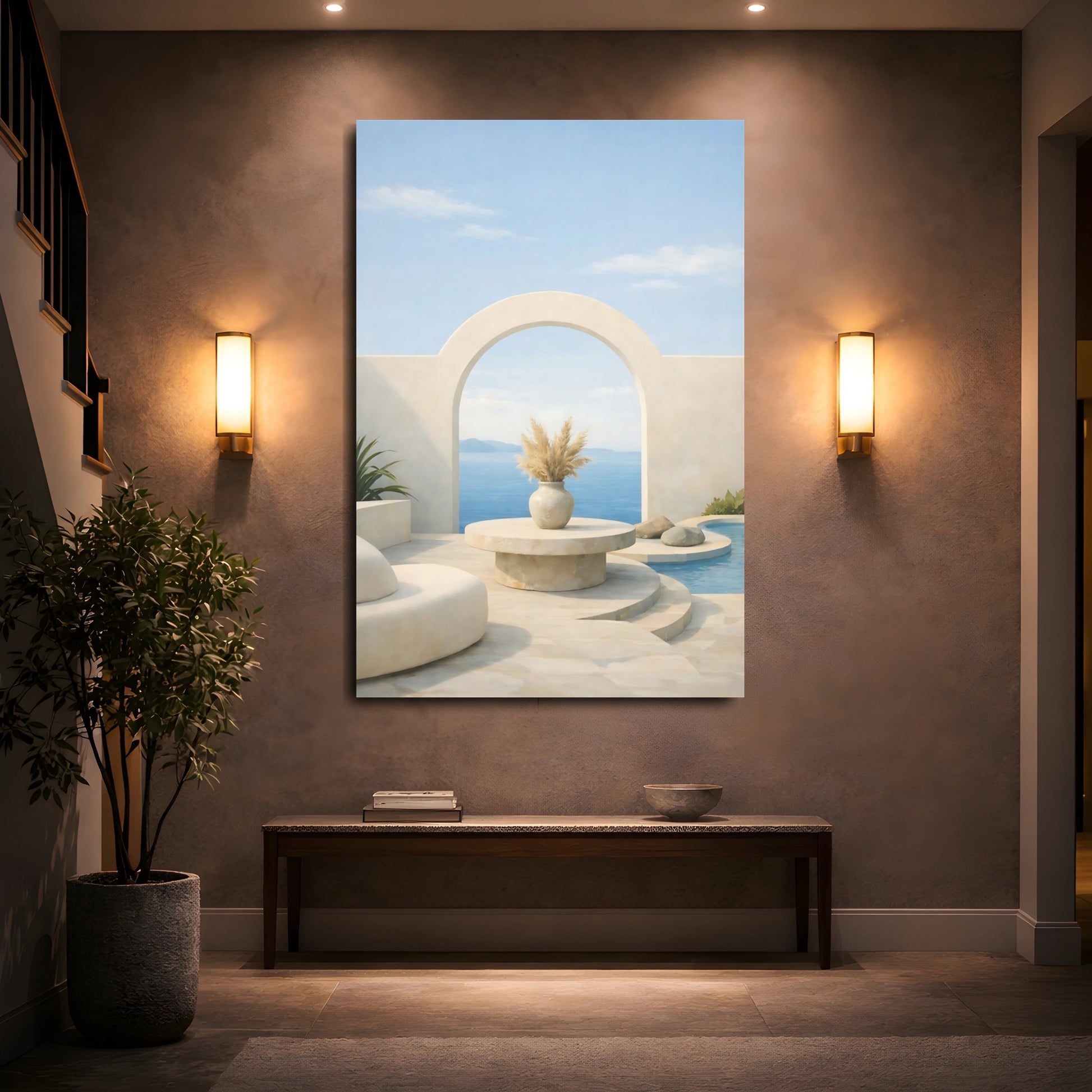 Mockup 4. Nature Ocean View Beige Blue Scene shown as stretched canvas wall art