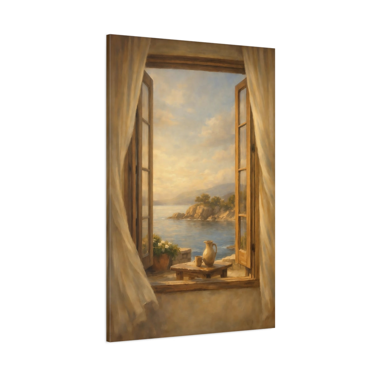 Main Mockup. Nature Ocean View Coastal Window Scene shown as stretched canvas wall art