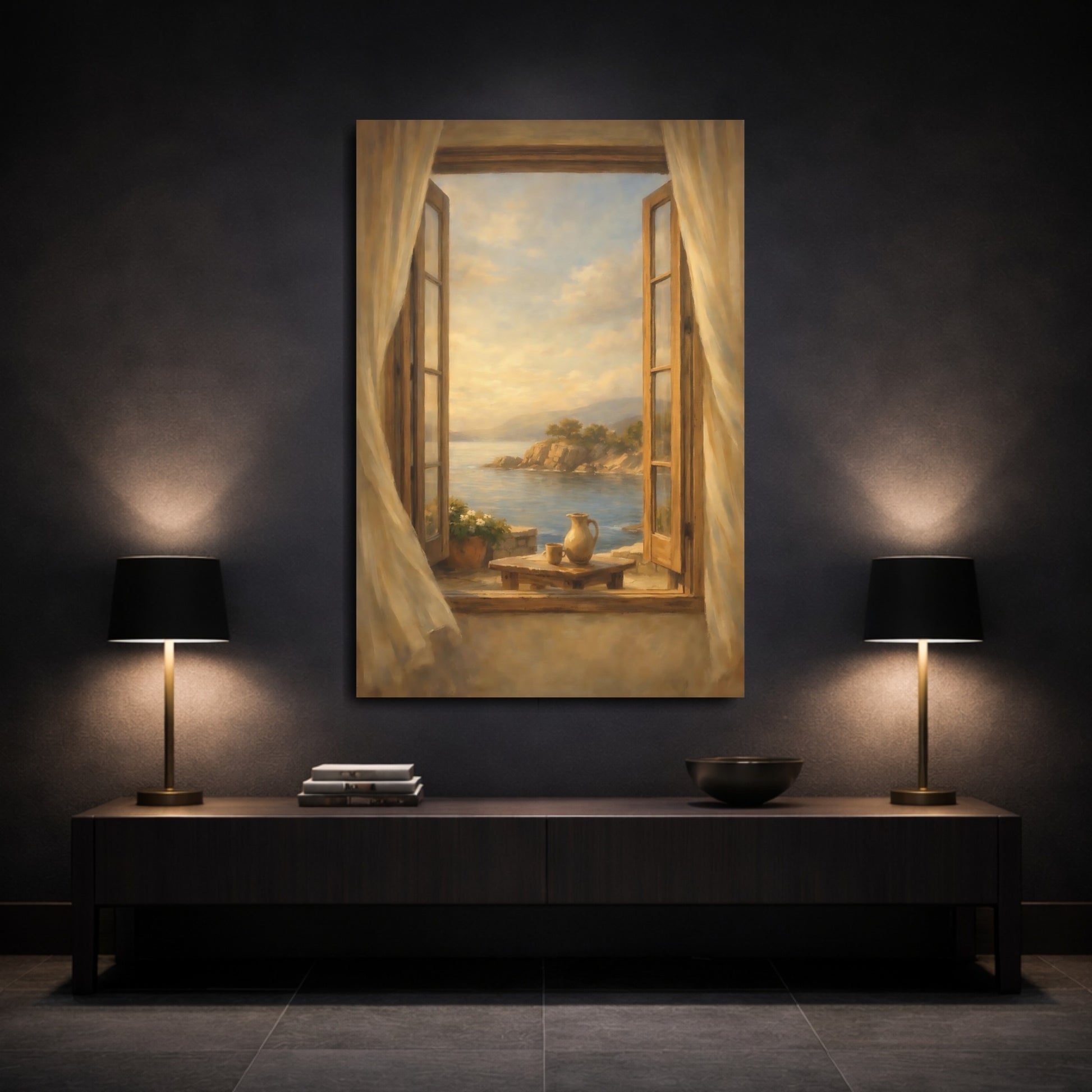 Mockup 2. Nature Ocean View Coastal Window Scene shown as stretched canvas wall art
