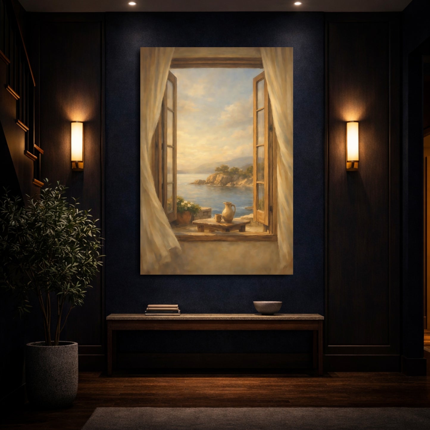 Mockup 3. Nature Ocean View Coastal Window Scene shown as stretched canvas wall art
