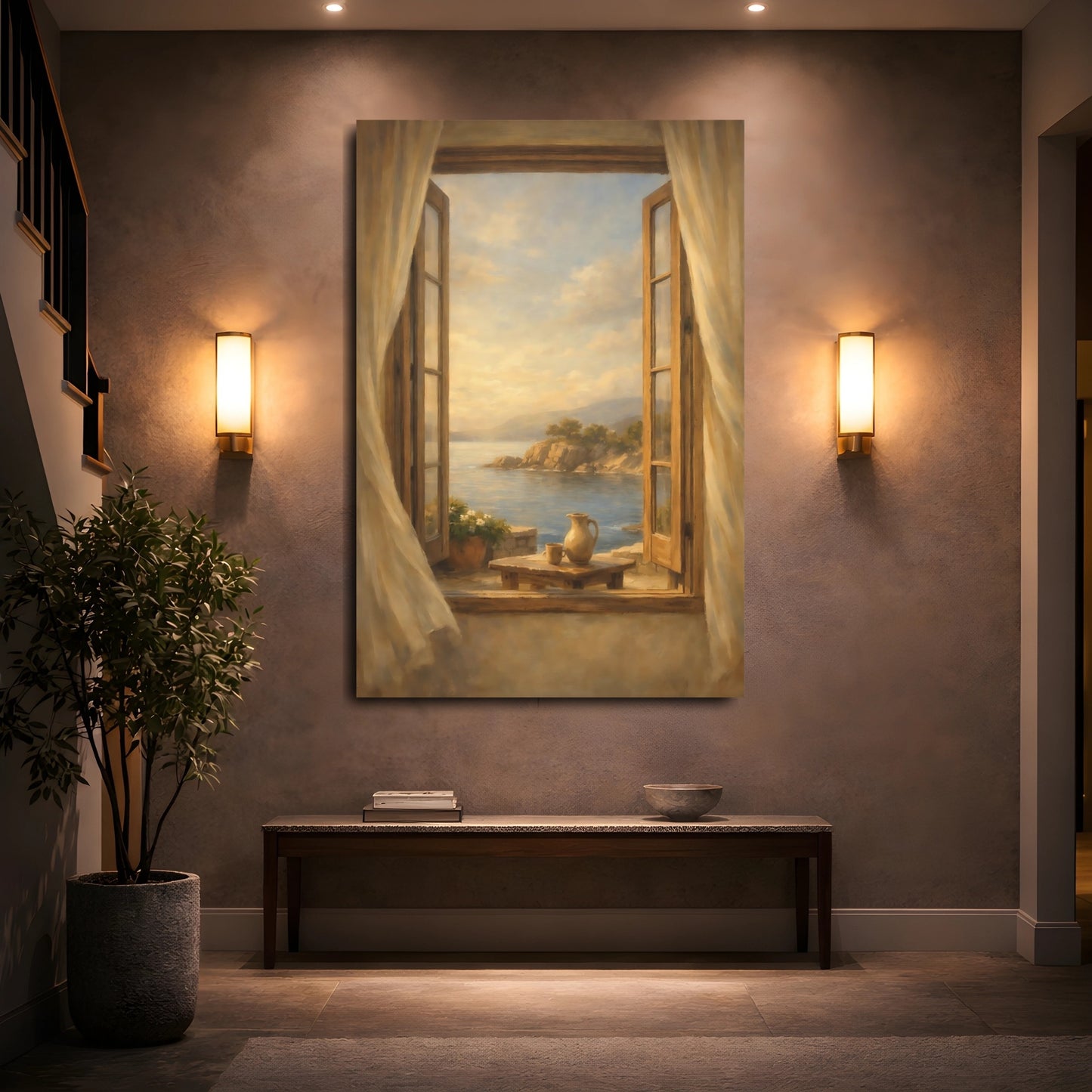 Mockup 4. Nature Ocean View Coastal Window Scene shown as stretched canvas wall art