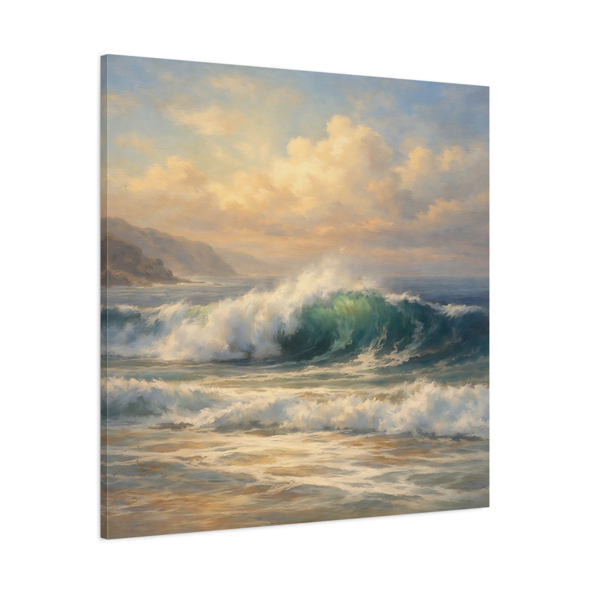 Main Mockup. Nature Ocean Wave Blue And Gold shown as stretched canvas wall art