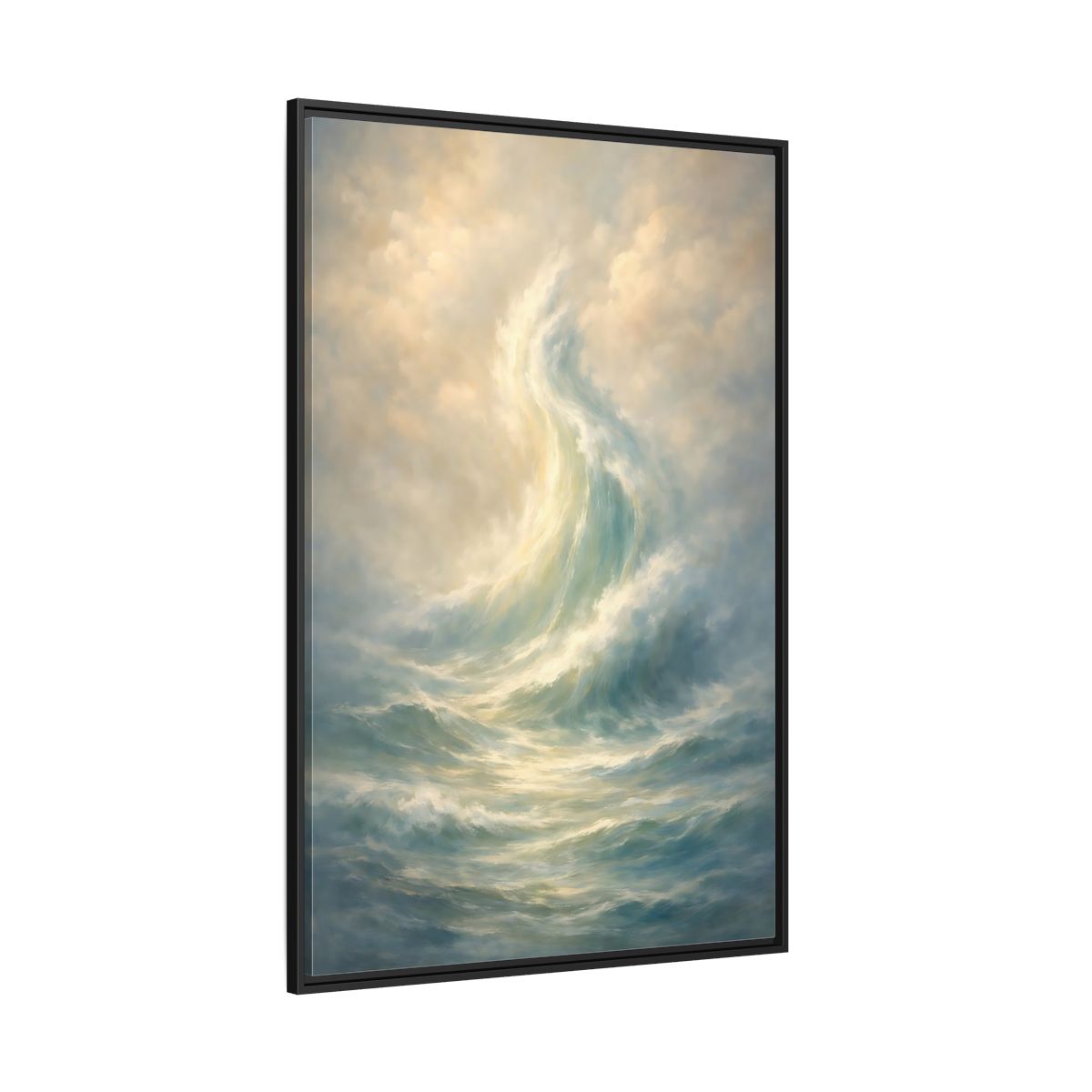 Main Mockup. Nature Ocean Wave Blue And Gold shown as stretched canvas wall art