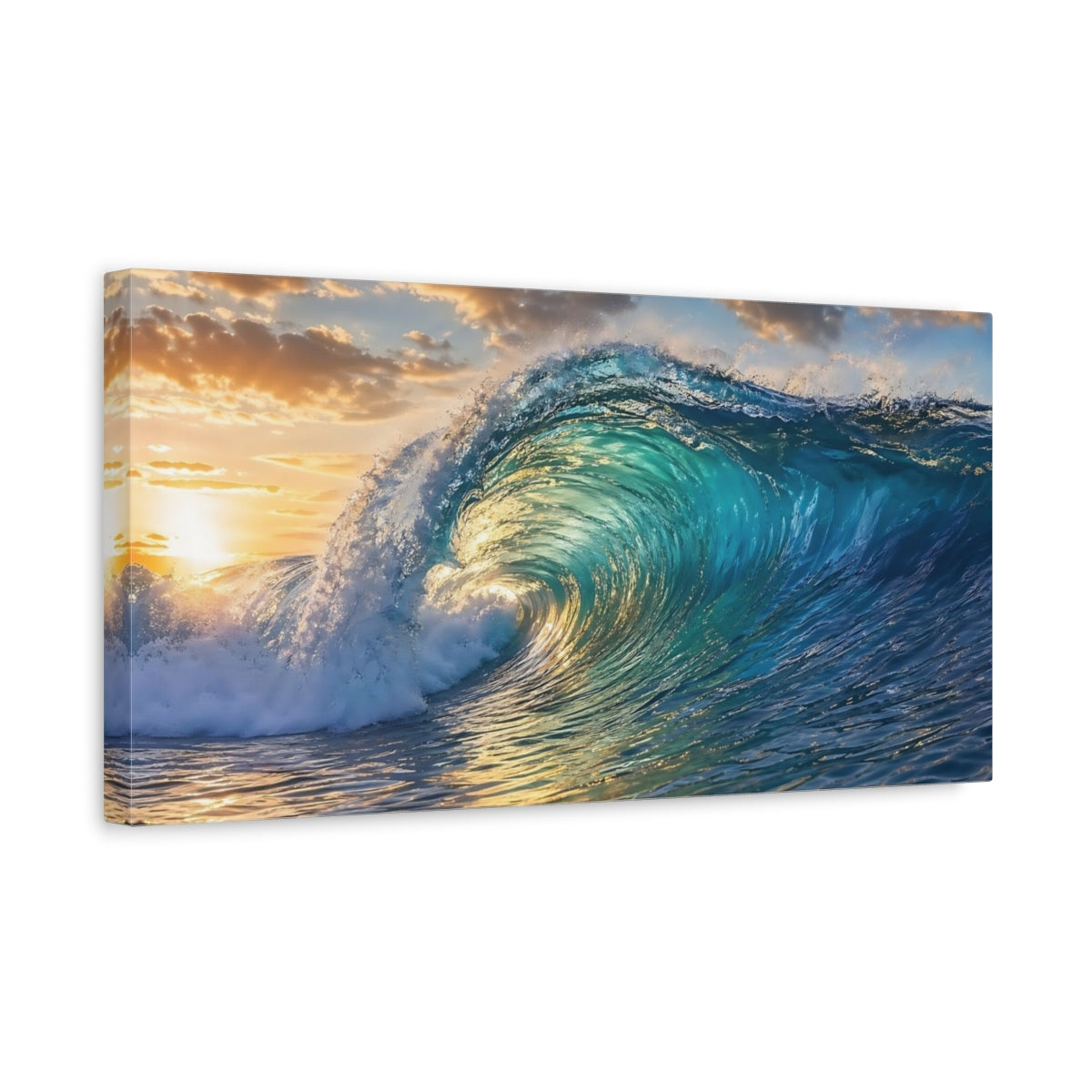 Side Mockup 3. Nature Ocean Wave Blue And Gold Ocean Wave shown as stretched canvas wall art