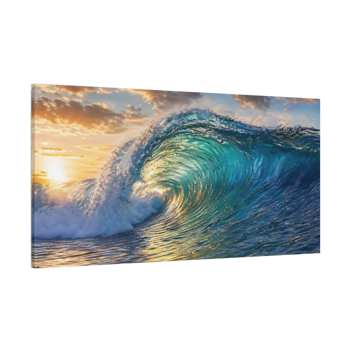 Side Mockup 2. Nature Ocean Wave Blue And Gold Ocean Wave shown as stretched canvas wall art