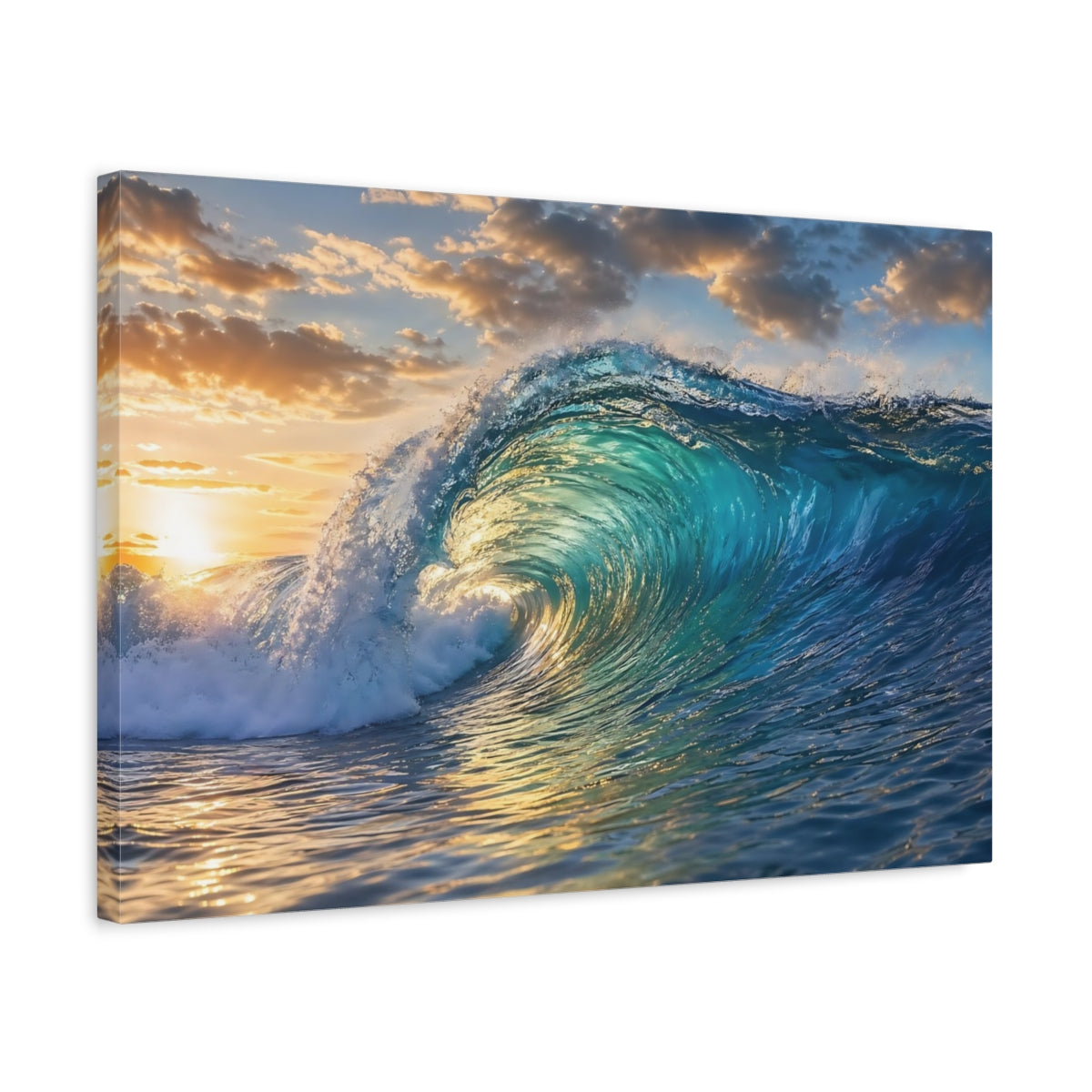 Side Mockup 3. Nature Ocean Wave Blue And Gold shown as stretched canvas wall art