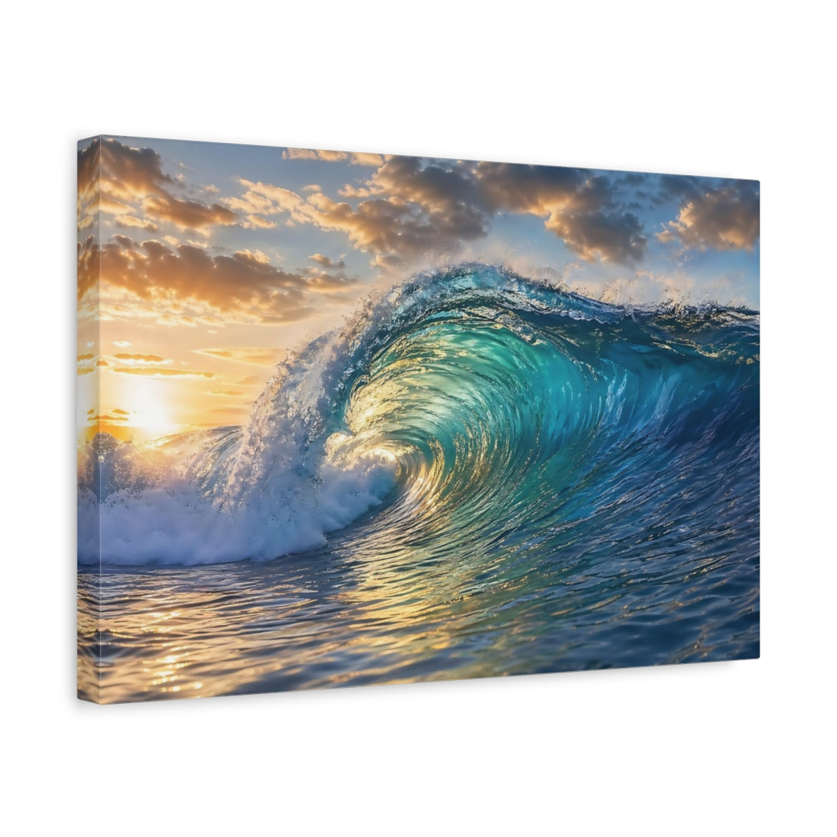 Side Mockup 4. Nature Ocean Wave Blue And Gold shown as stretched canvas wall art