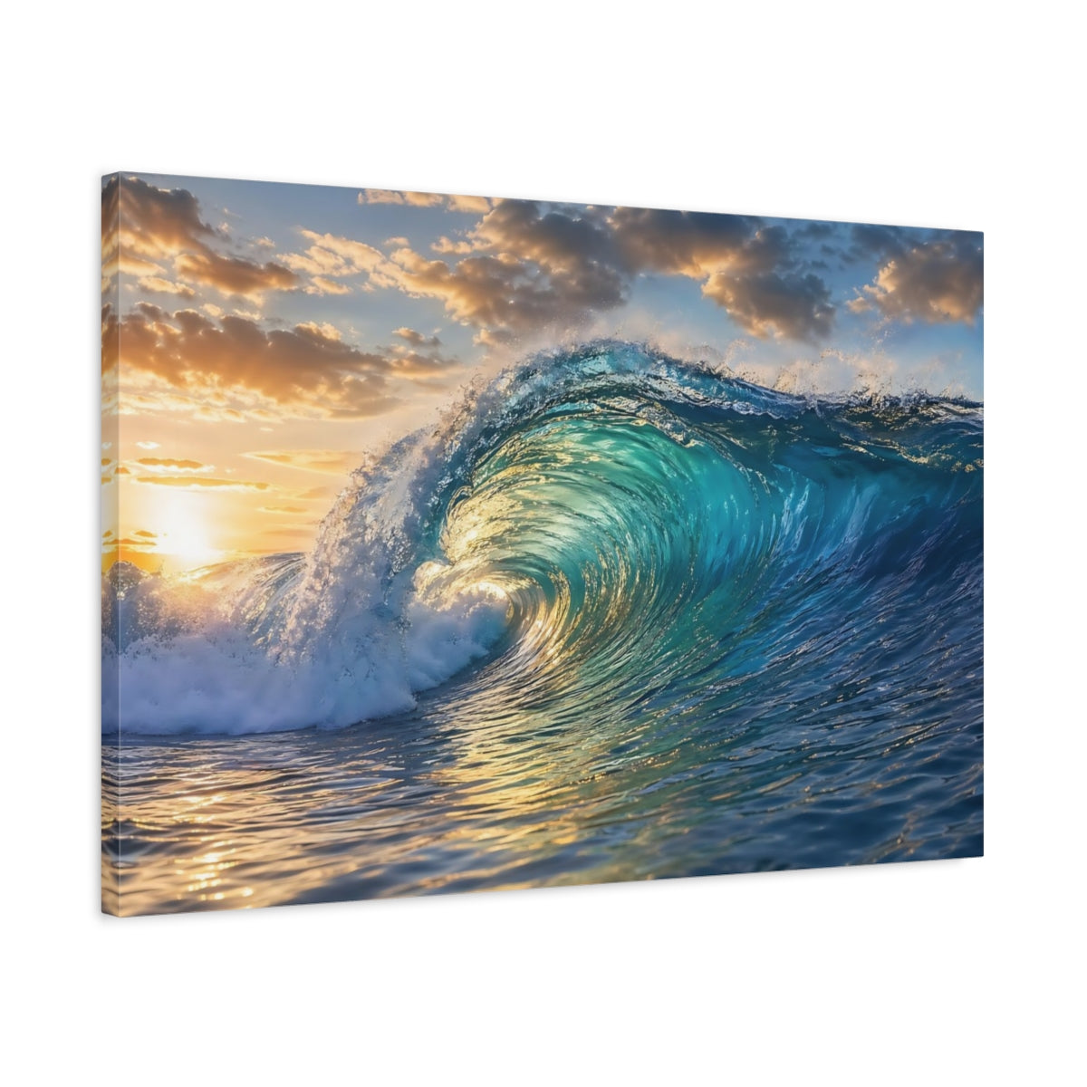 Side Mockup 2. Nature Ocean Wave Blue And Gold shown as stretched canvas wall art
