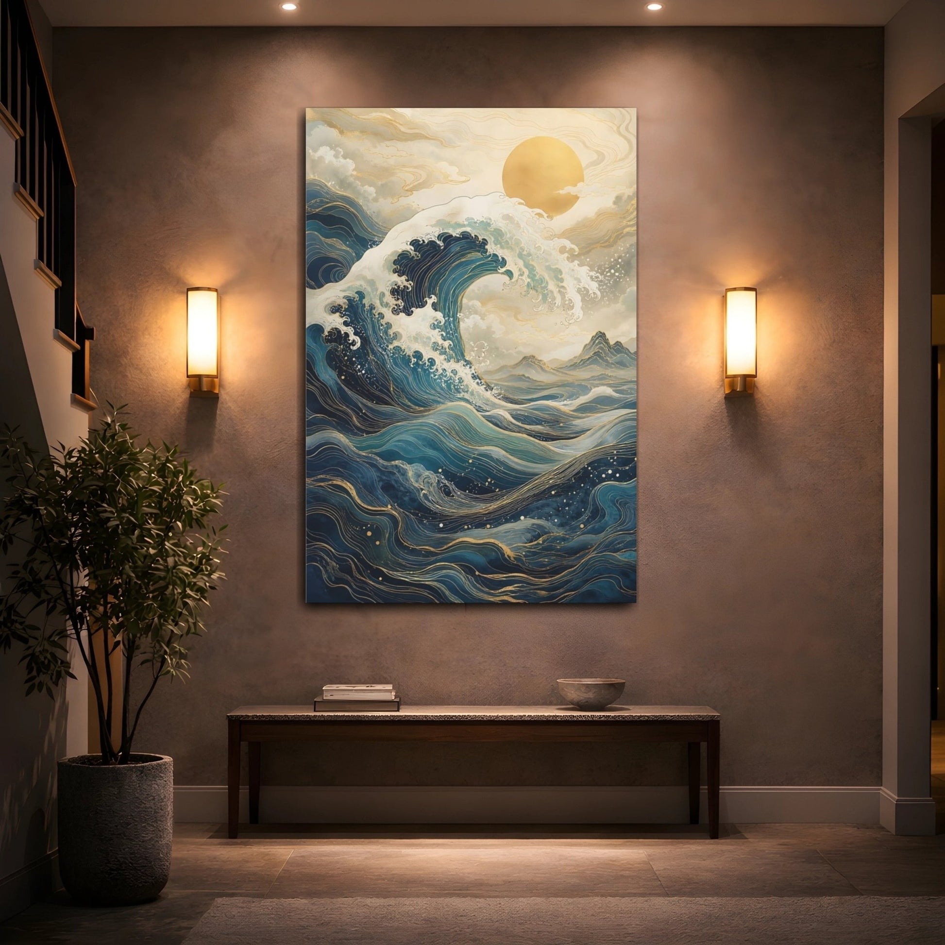 Nature Ocean Wave Blue And Gold Canvas Wall Art Print – Japanese Style Living Room, Above Sofa - YesArtYes