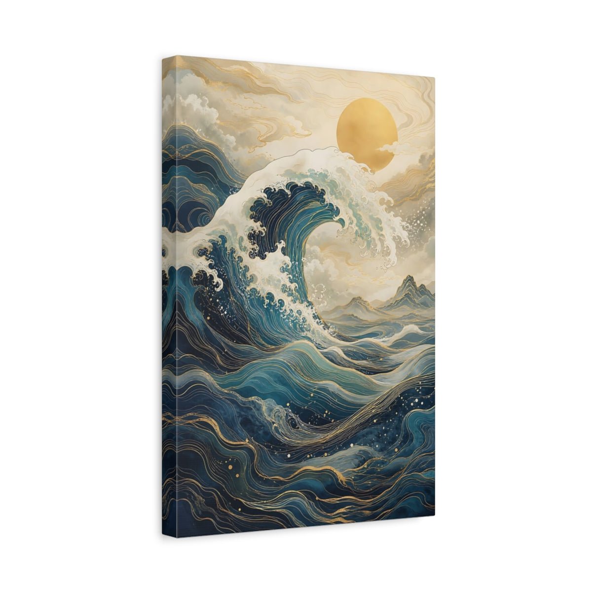 Nature Ocean Wave Blue And Gold Canvas Wall Art Print – Japanese Style Living Room, Above Sofa - YesArtYes