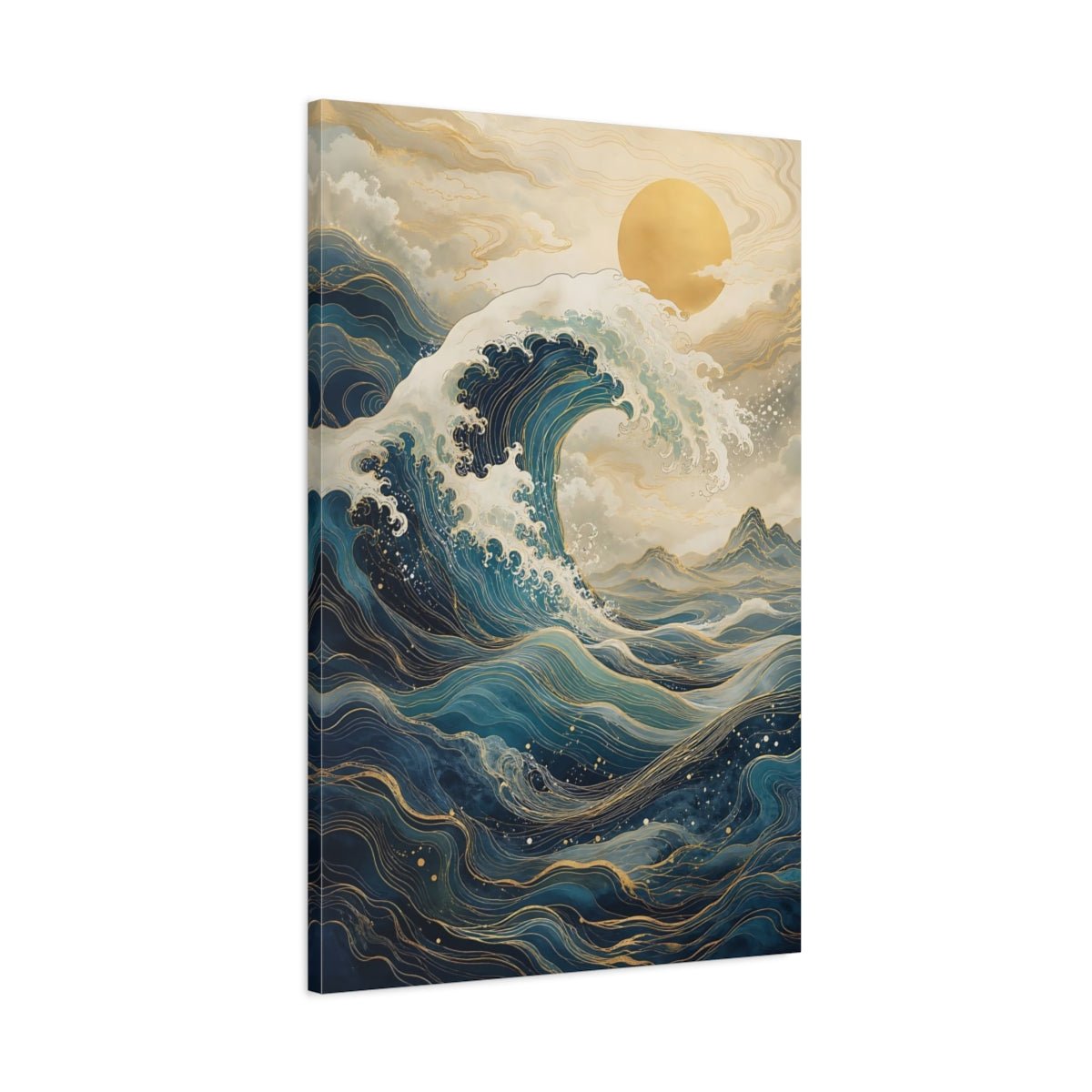 Nature Ocean Wave Blue And Gold Canvas Wall Art Print – Japanese Style Living Room, Above Sofa - YesArtYes