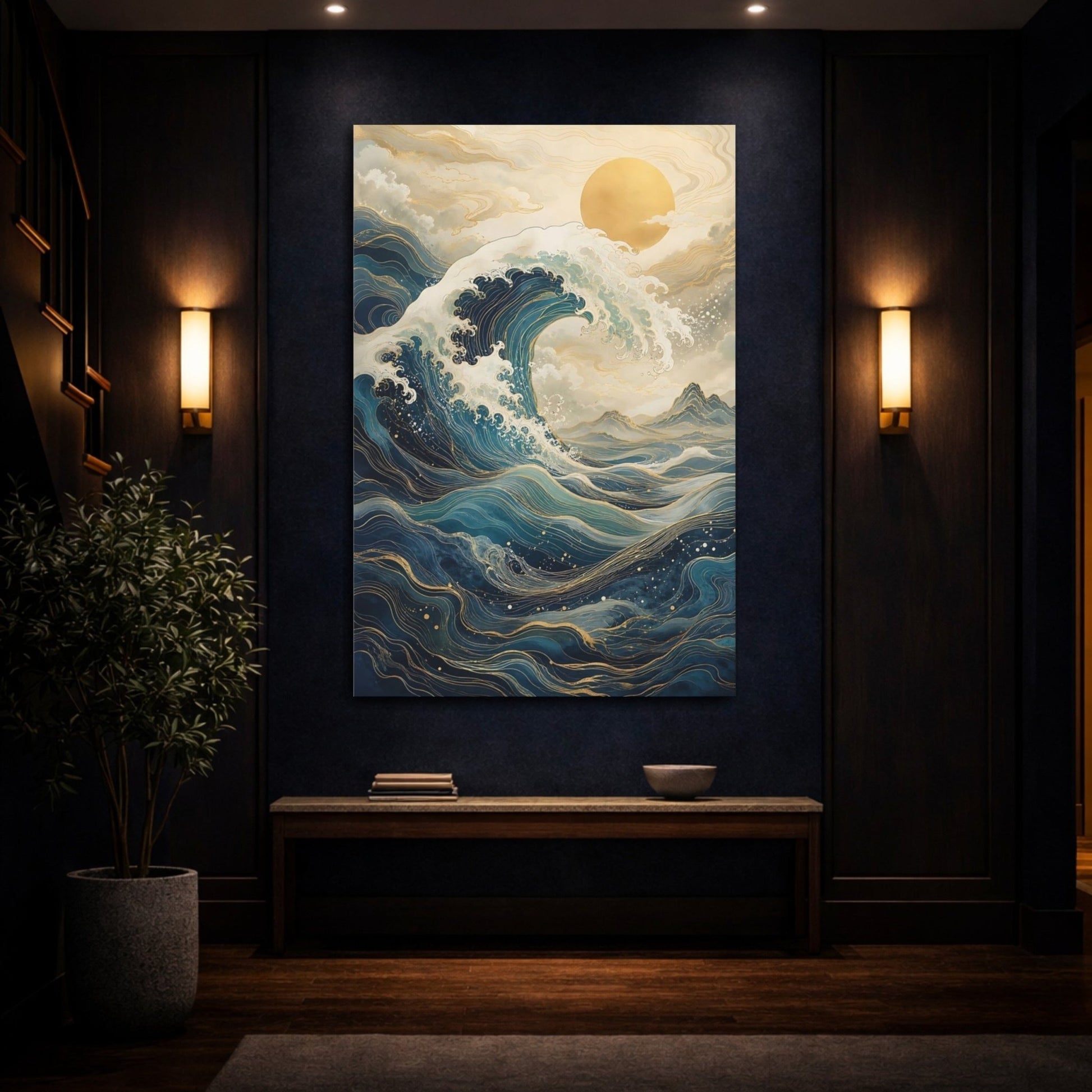 Nature Ocean Wave Blue And Gold Canvas Wall Art Print – Japanese Style Living Room, Above Sofa - YesArtYes