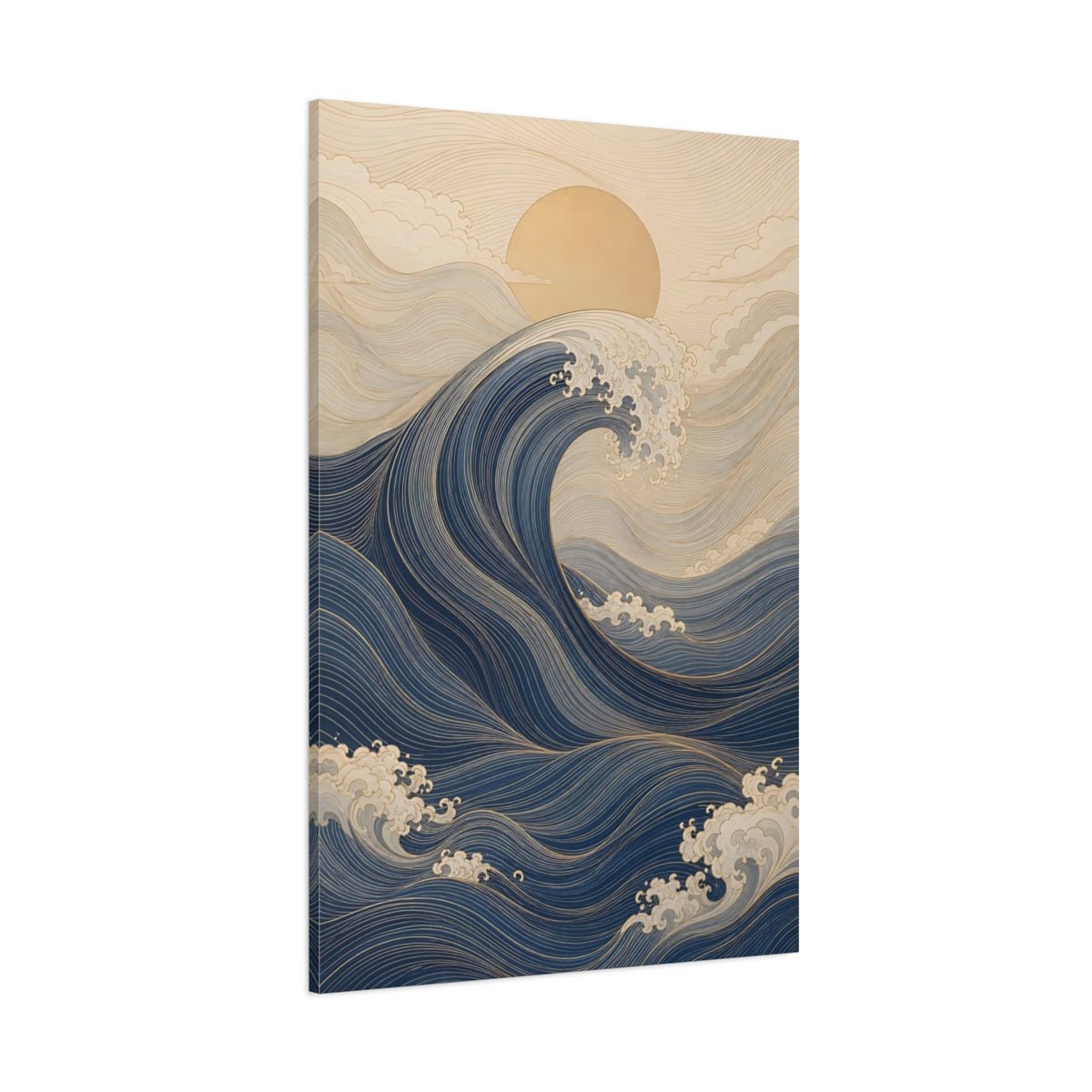 Nature Ocean Wave Blue And Gold Canvas Wall Art Print – Ukiyo - e inspired Living Room, Above Fireplace - YesArtYes
