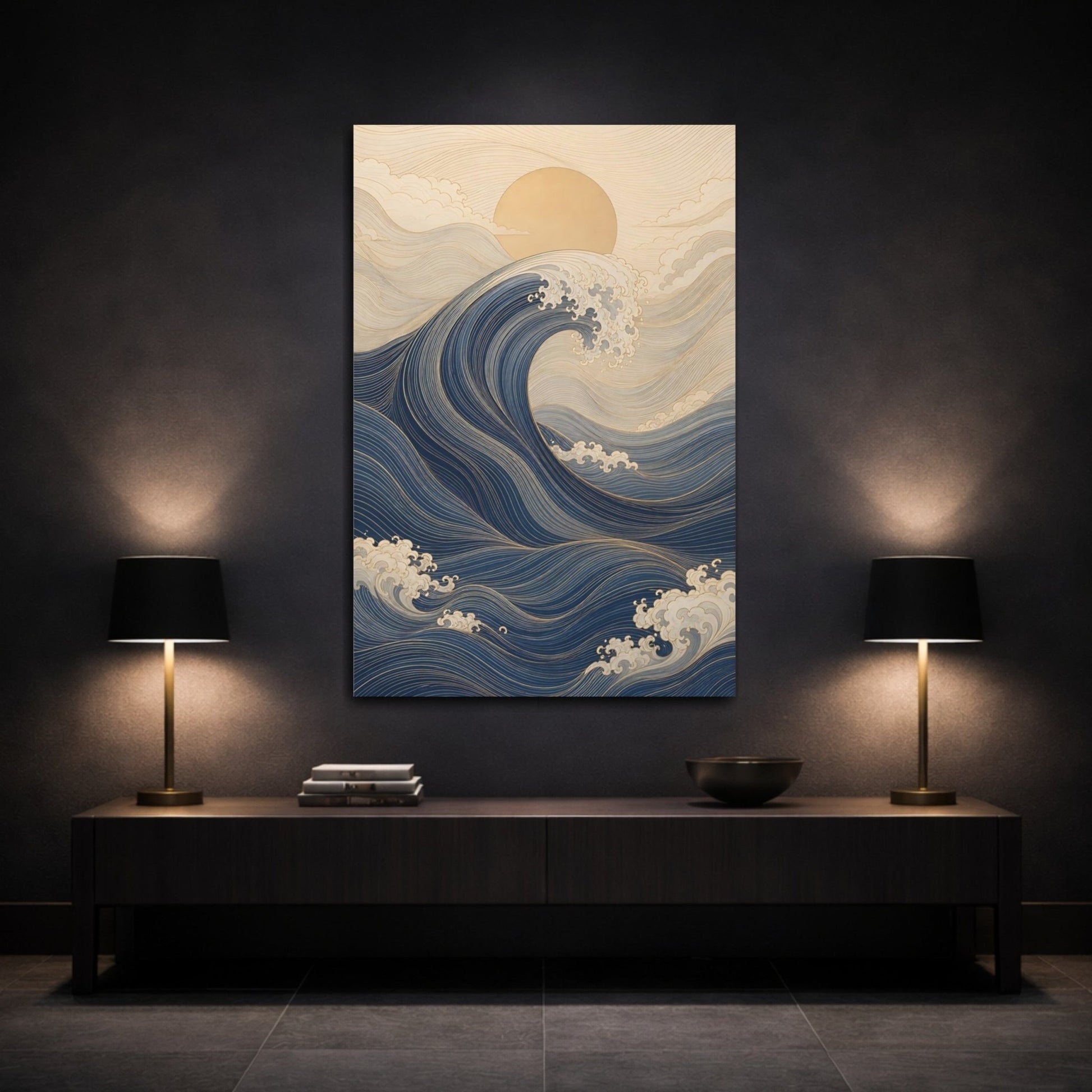 Nature Ocean Wave Blue And Gold Canvas Wall Art Print – Ukiyo - e inspired Living Room, Above Fireplace - YesArtYes