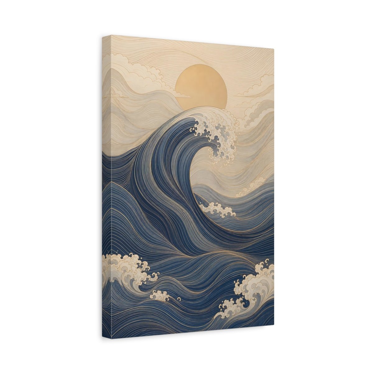 Nature Ocean Wave Blue And Gold Canvas Wall Art Print – Ukiyo - e inspired Living Room, Above Fireplace - YesArtYes