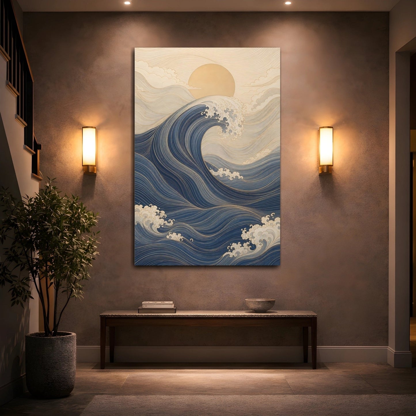Nature Ocean Wave Blue And Gold Canvas Wall Art Print – Ukiyo - e inspired Living Room, Above Fireplace - YesArtYes