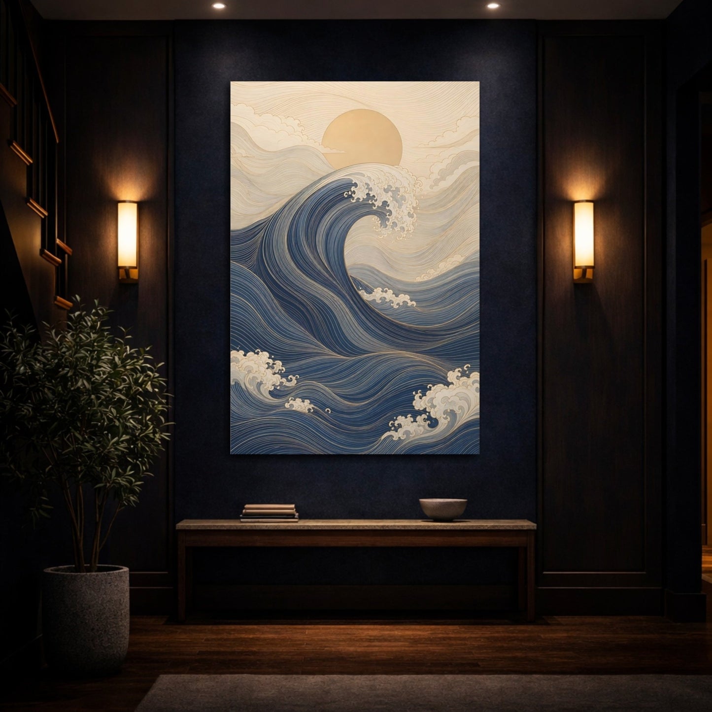 Nature Ocean Wave Blue And Gold Canvas Wall Art Print – Ukiyo - e inspired Living Room, Above Fireplace - YesArtYes